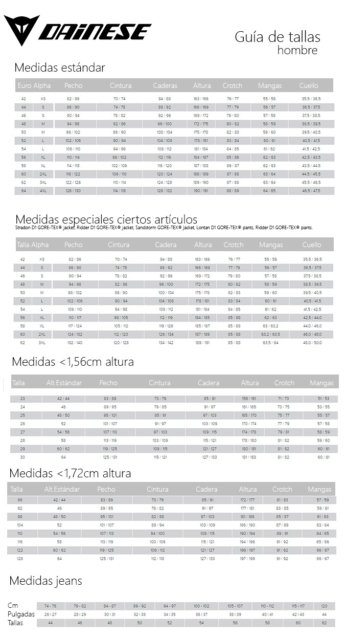 Dainese T Shirt Size Chart