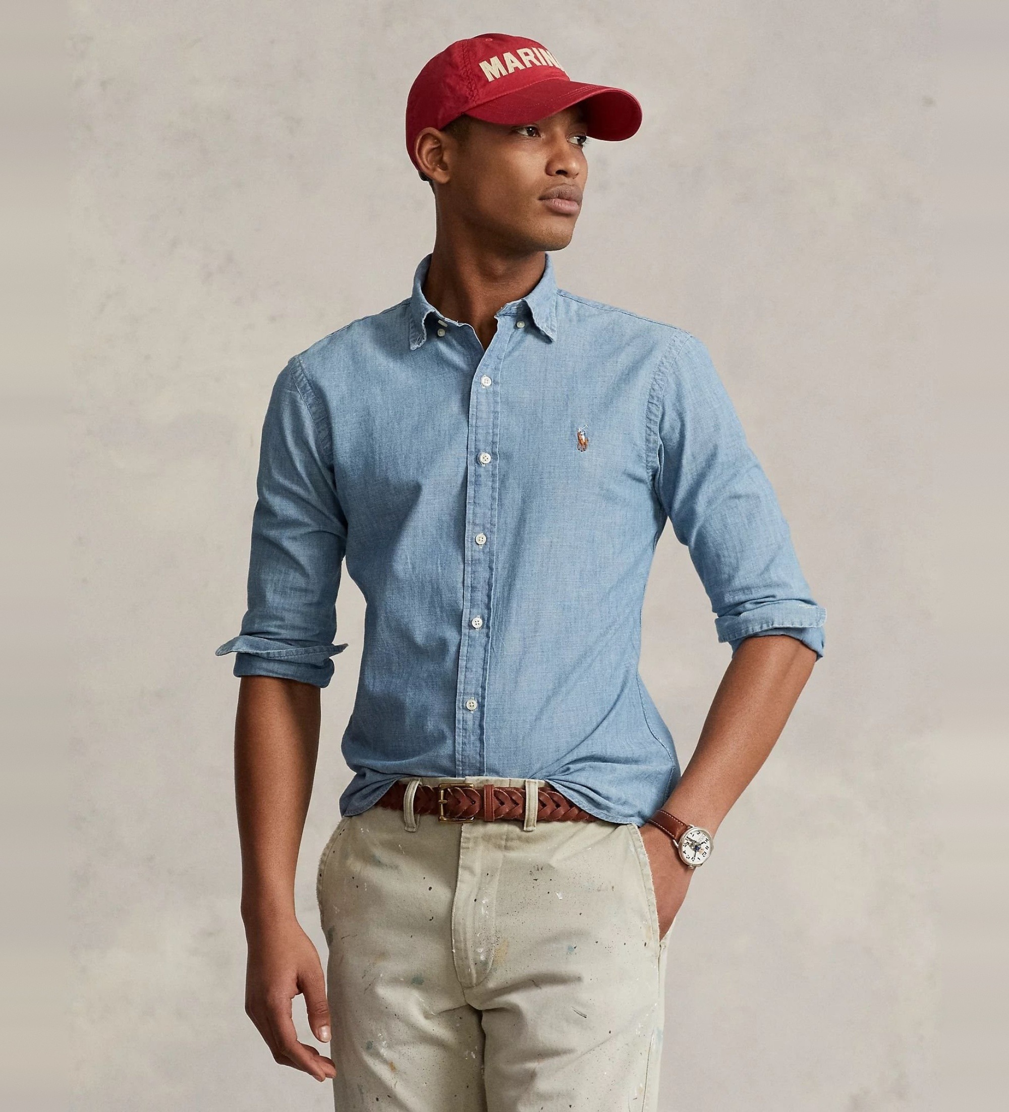 Polo Ralph Lauren für Herren. 710548538001 Blau Slim Fit Chambray Hemd (S), Lässig, Baumwolle, Denim, Langarm
