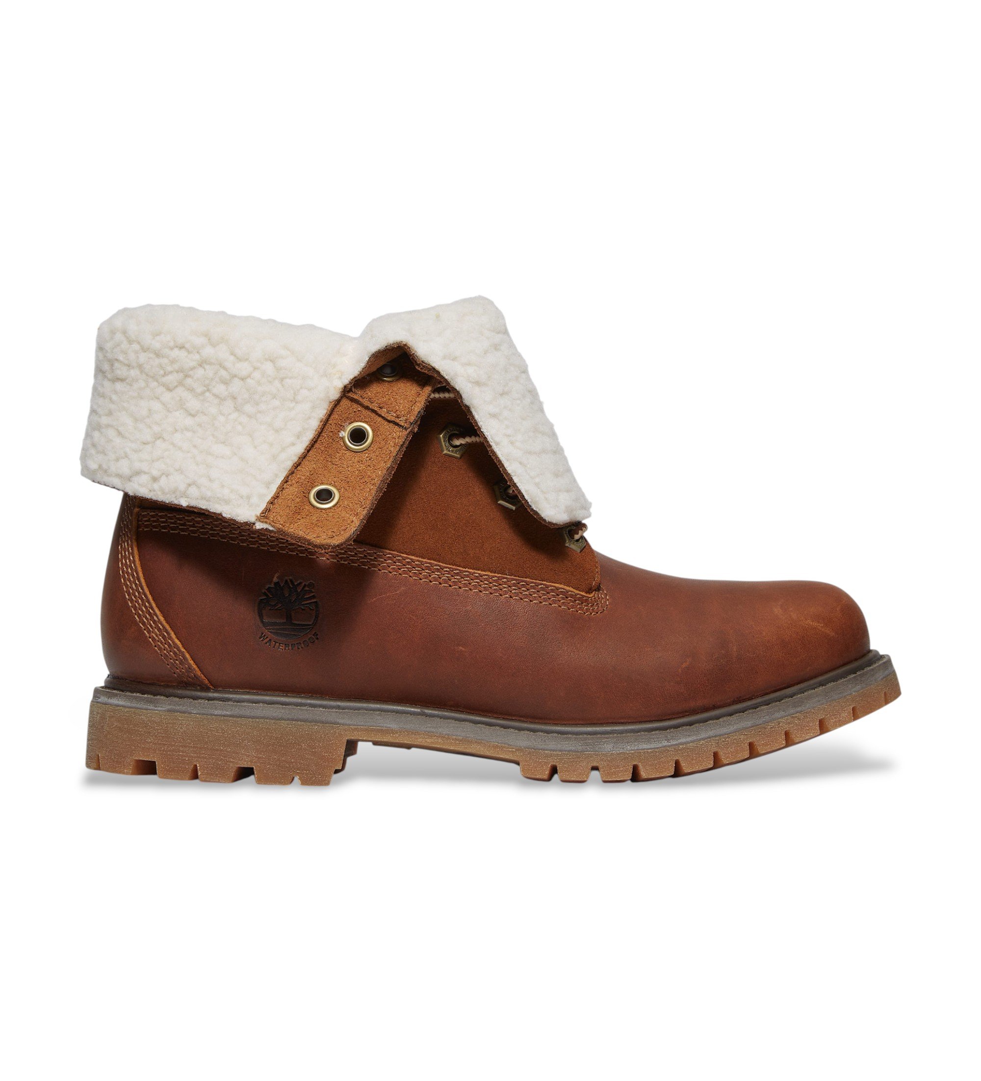 Timberland für Damen. TB18328R2421 Lederstiefelette mit aufrollbarem Schaft und braunem Warmfutter (38 W), Wohnung, Schnürsenkel, Lässig