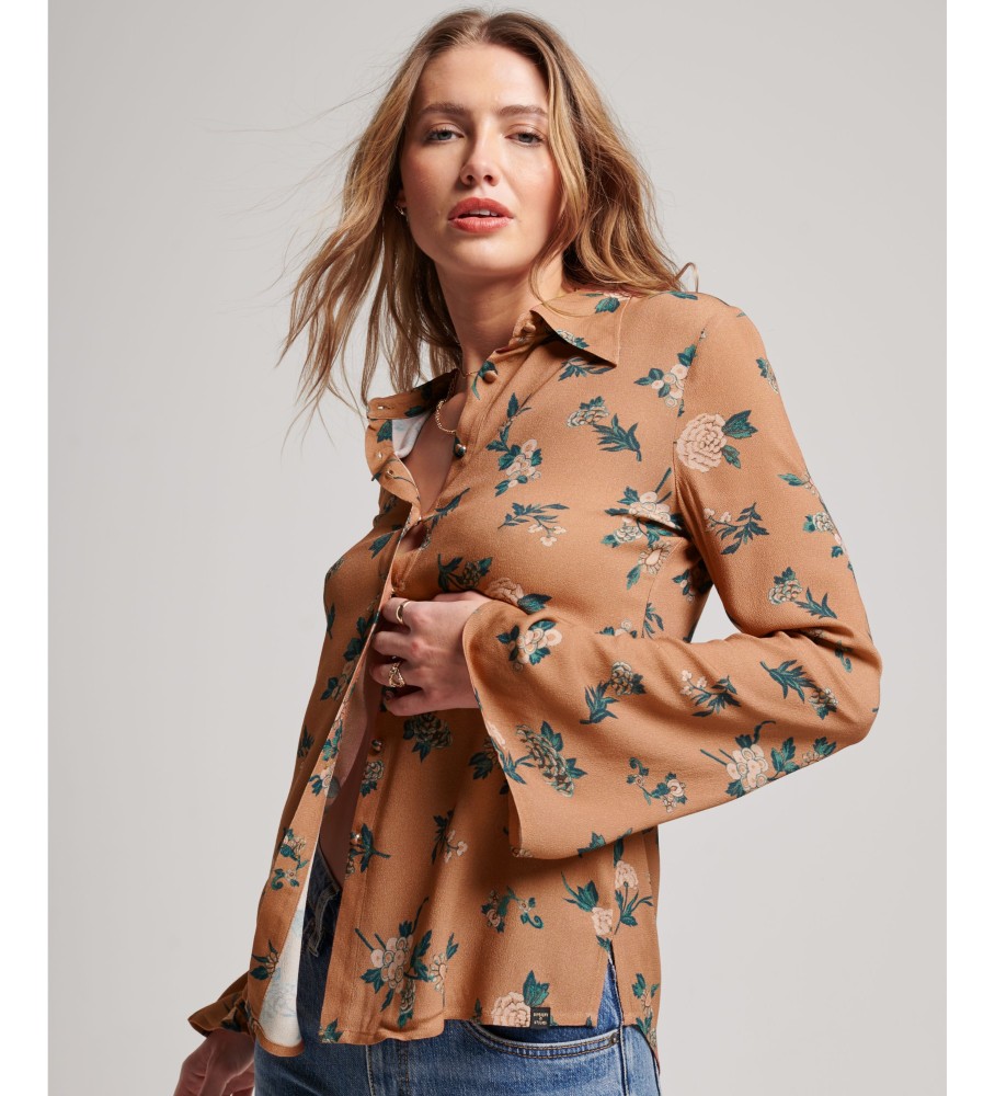 Superdry für Damen. W4010384A Studios siebziger Jahre braunes Hemd (XS), Lässig, Viskose, Langarm