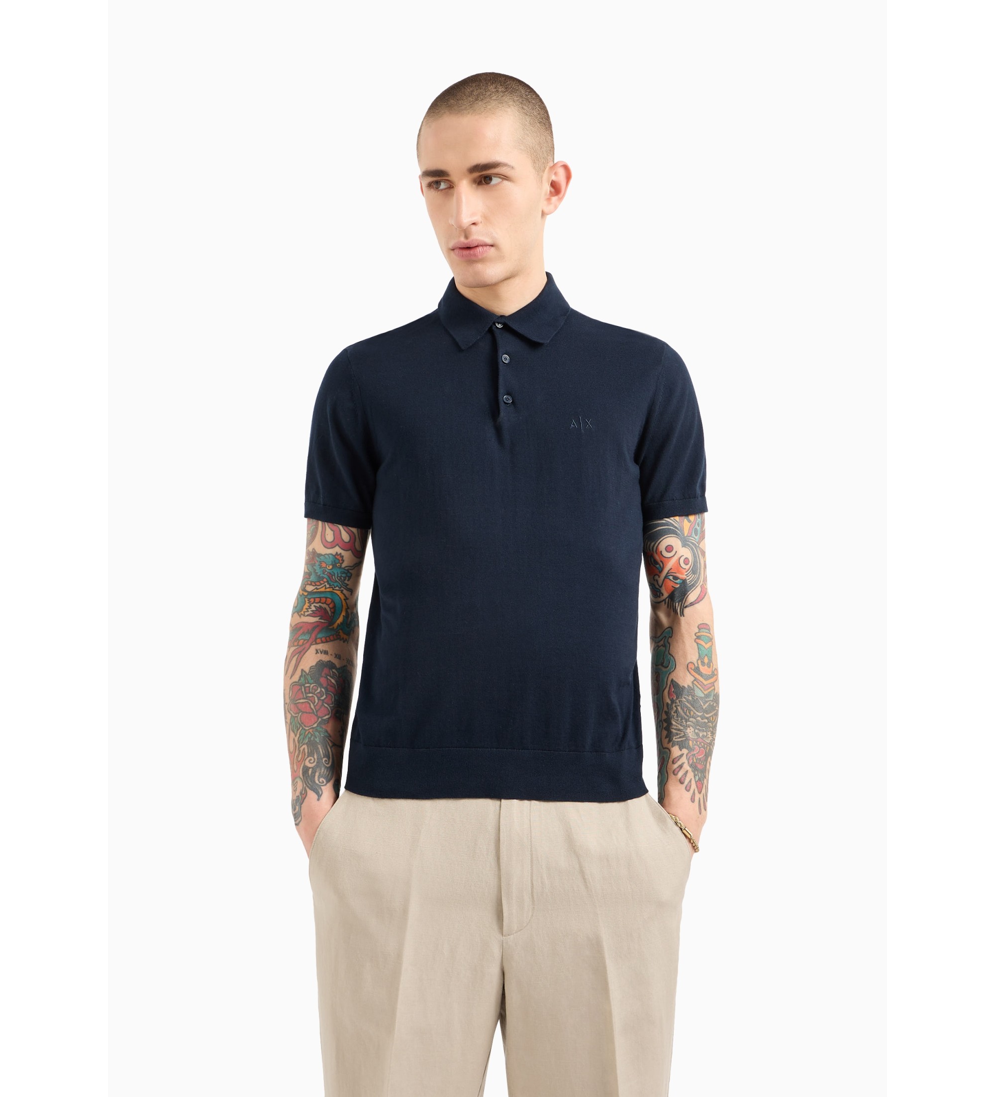 A|X Armani Exchange für Herren. 8NZF5DZM3JZ1510 Gestricktes Poloshirt in Navy (S), Lässig, Baumwolle, Kurzarm, Marine