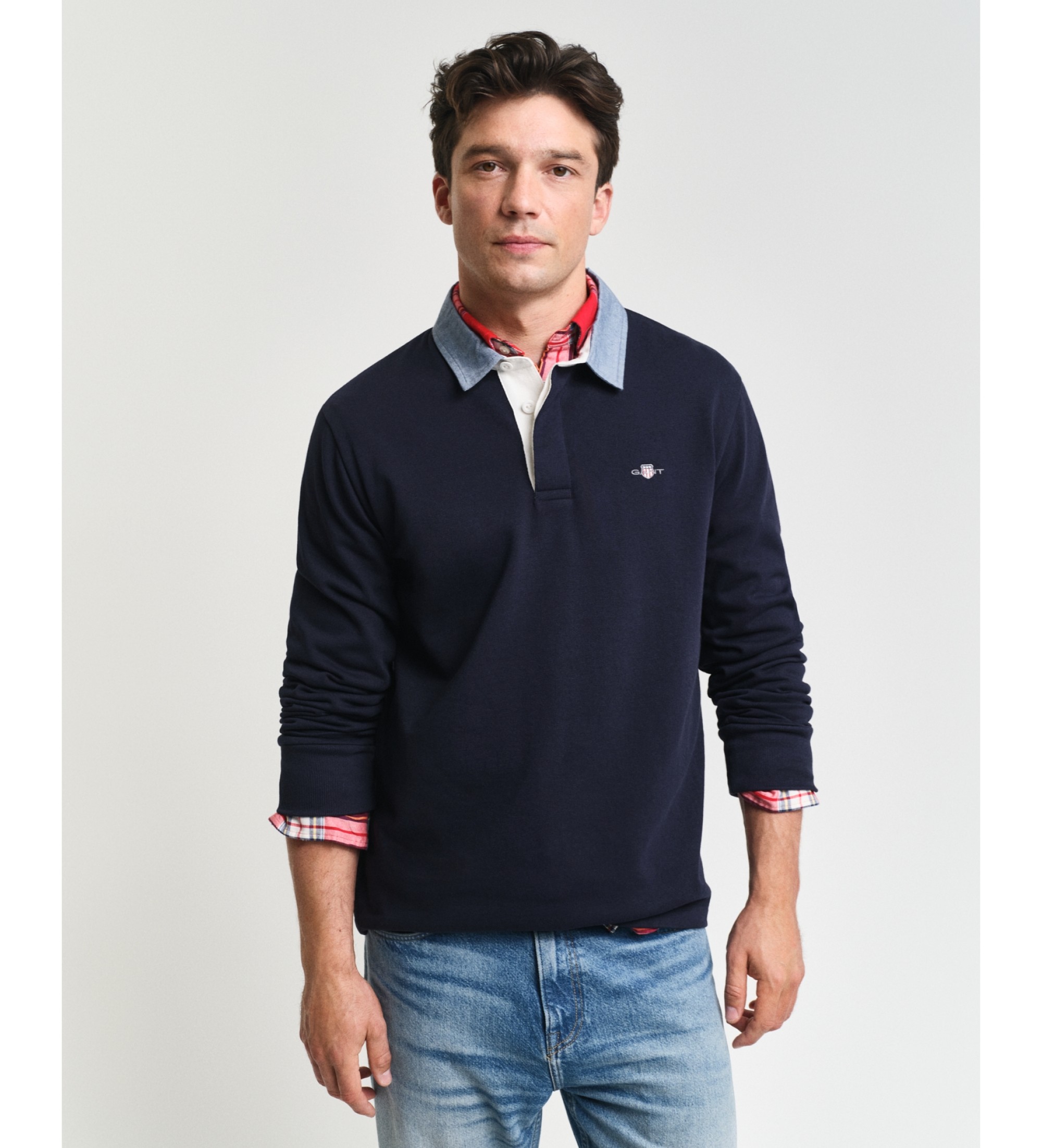 Gant für Herren. 2004082 Schweres Navy Chambray-Poloshirt (S), Lässig, Baumwolle, Langarm, Marine