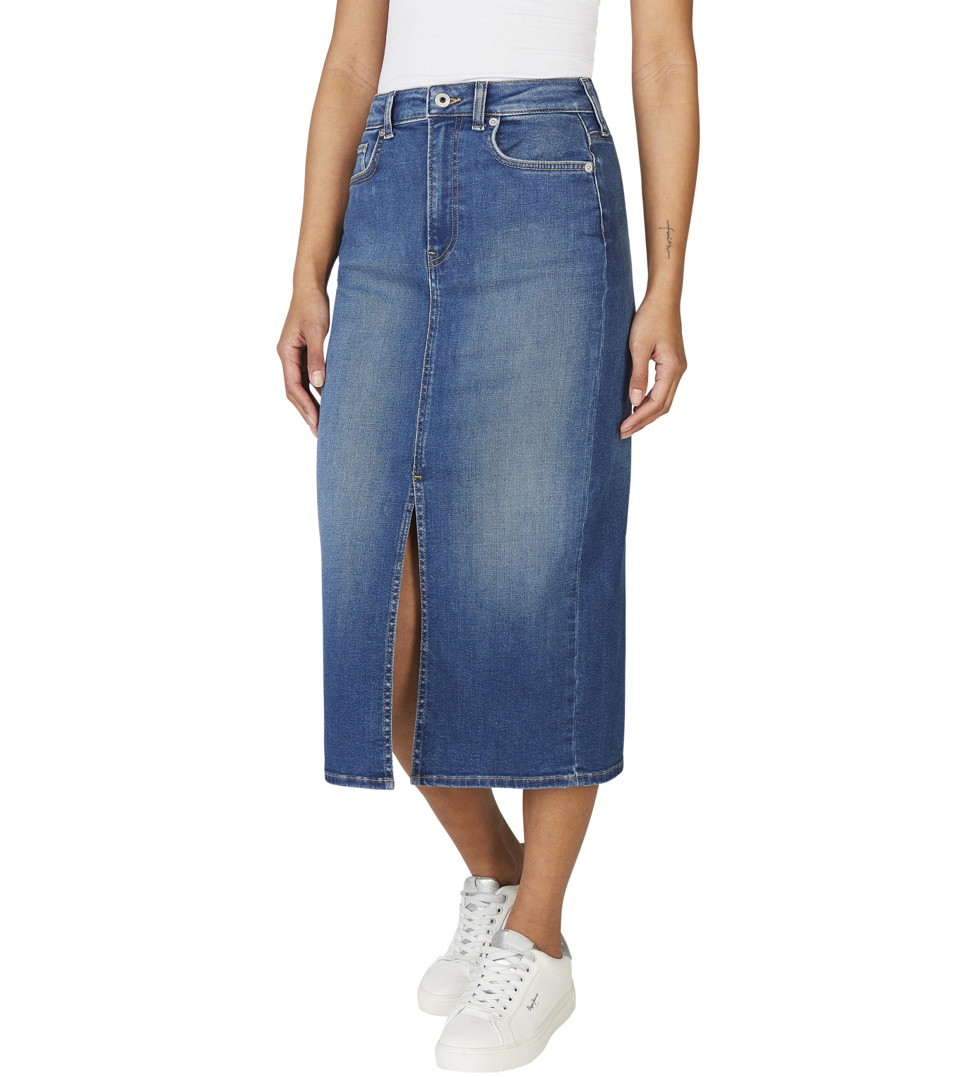 Pepe Jeans für Damen. PL901186IA0 Midirock aus blauem Stretch-Denim-Stoff (XS), Lässig, Baumwolle