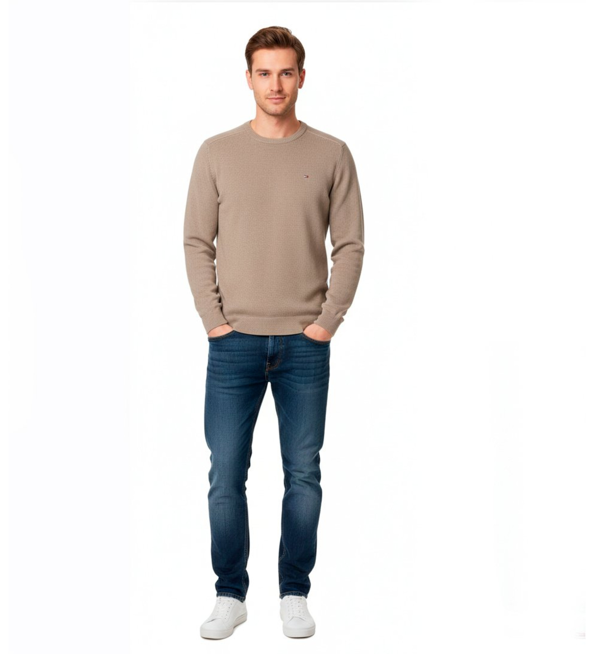 Tommy Jeans für Herren. DM0DM21787 Zeitloser brauner Pullover (S), Lässig, Baumwolle, Taupe