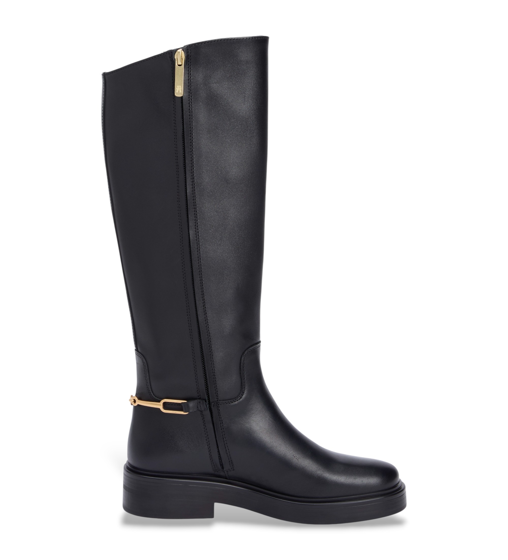 Tommy Hilfiger für Damen. FW0FW08863 Schwarze Reiterstiefel aus Leder mit Monogramm (36), 3 bis 5 cm, Reißverschluss, Lässig