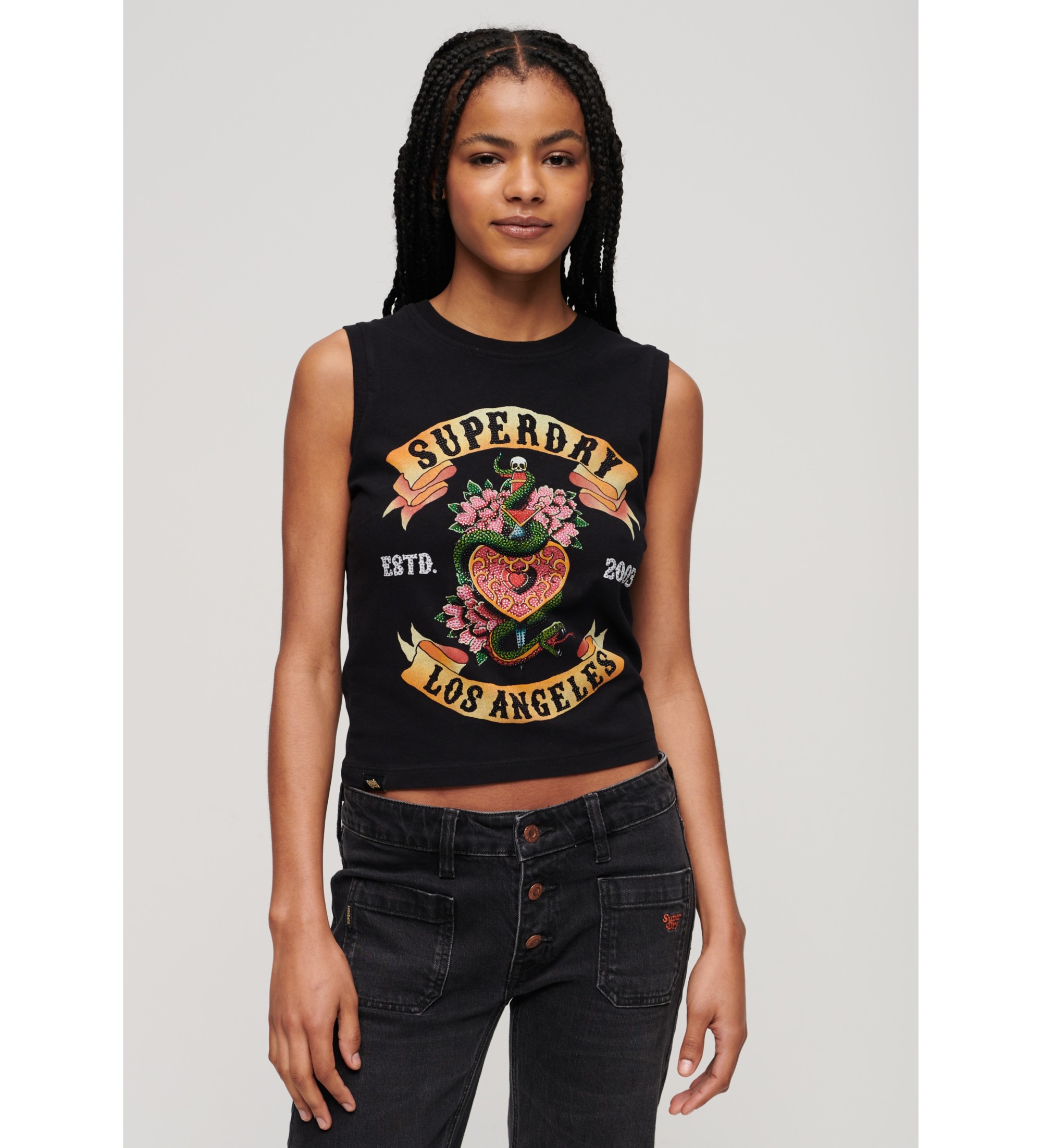 Superdry für Damen. W6011781A Ärmelloses T-shirt mit Strass Tattoo schwarz (S), Lässig, Baumwolle, Ärmellos / Hosenträger