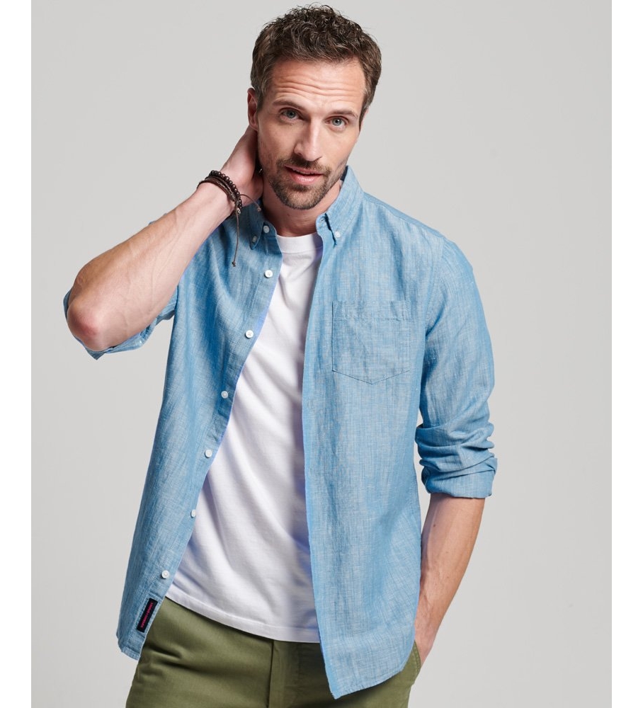 Superdry für Herren. M4010696A Studios Leinen & Bio-Baumwolle Button-down-Hemd mit Kragen blau (XXL), Lässig, Langarm