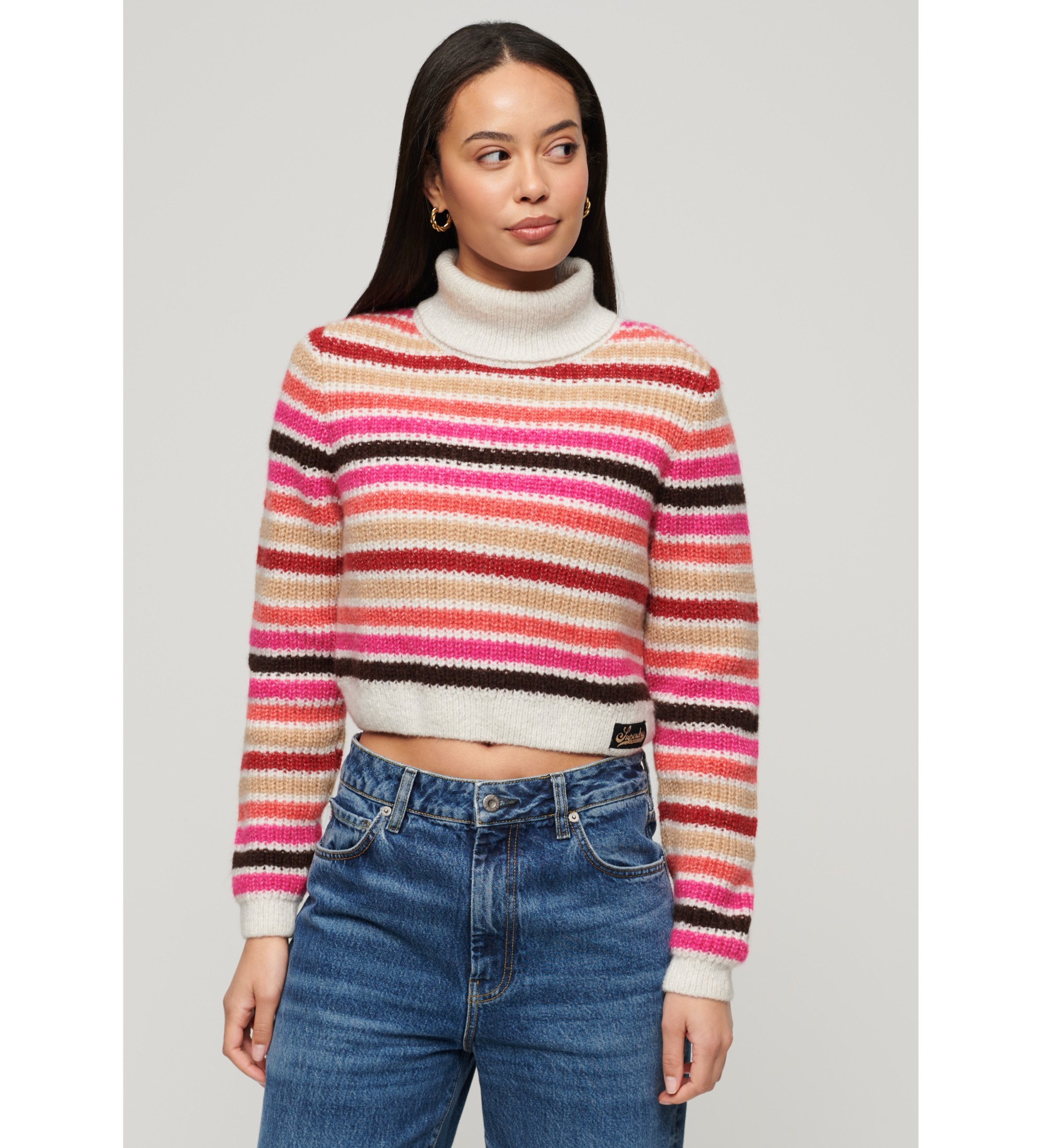 Superdryvoor vrouwen. W6110536A Veelkleurig gestreepte korte coltrui (M), Casual, Acryl, Lange mouwen