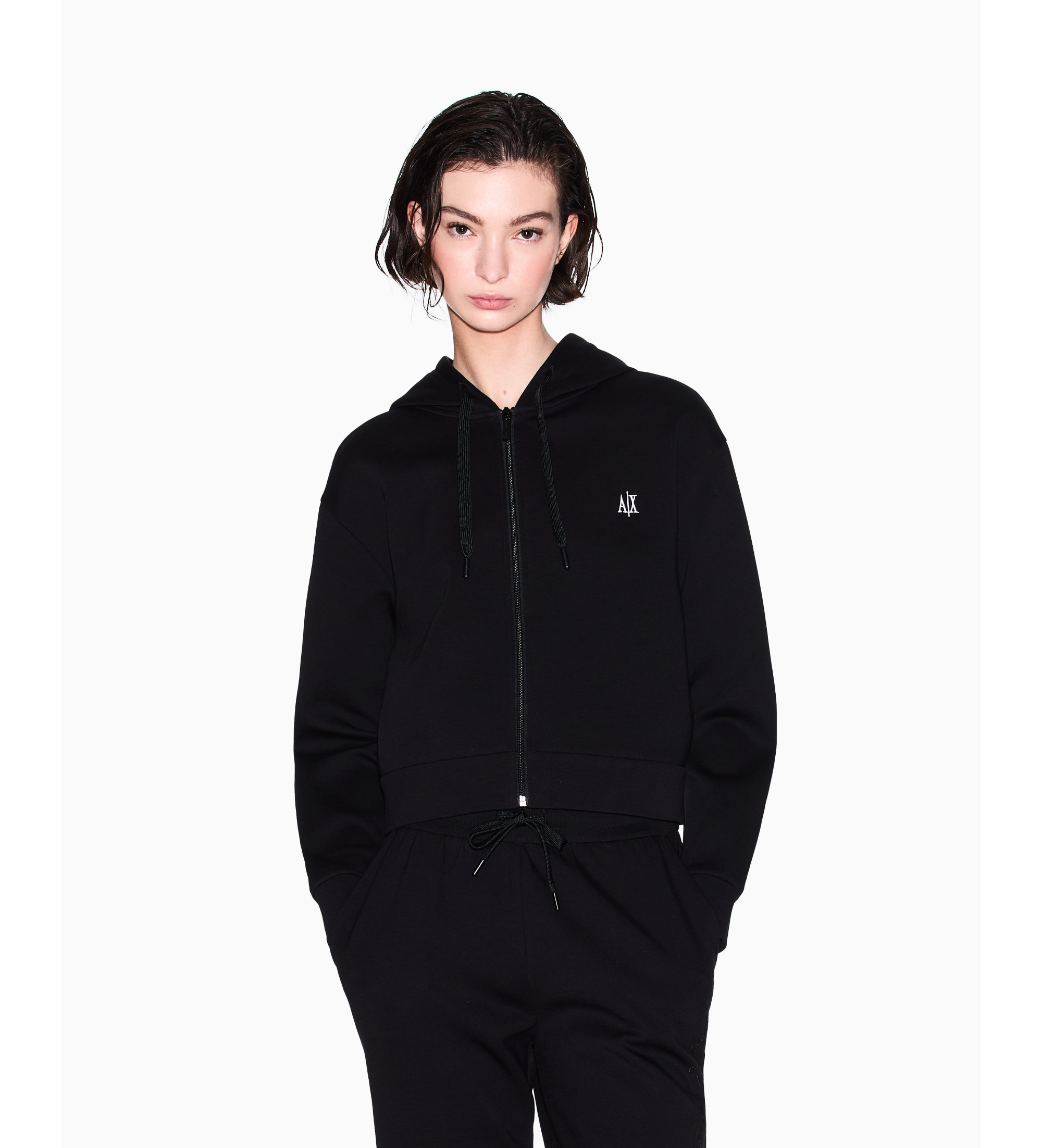 A|X Armani Exchange für Damen. XW000822AF10818UC001 Icon kurzes Kapuzensweatshirt schwarz (L), Lässig, Baumwolle