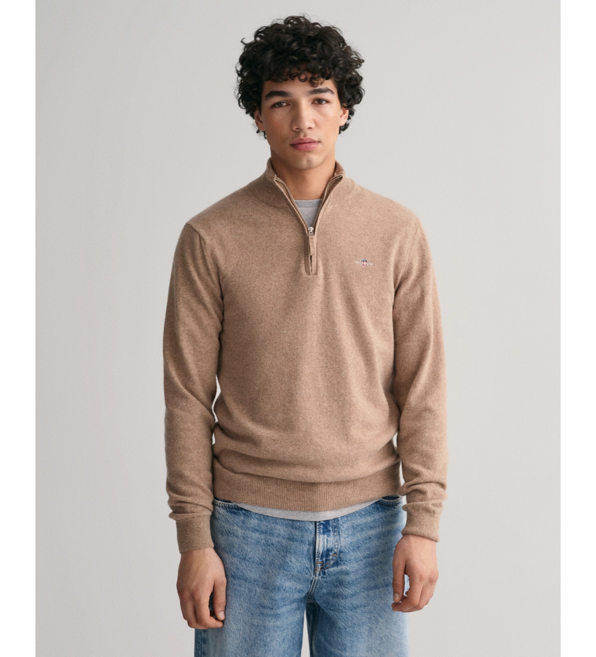 Gant für Herren. 87213 Beigefarbener Pullover mit halbem Reißverschluss (M), Lässig, Wolle, Langarm