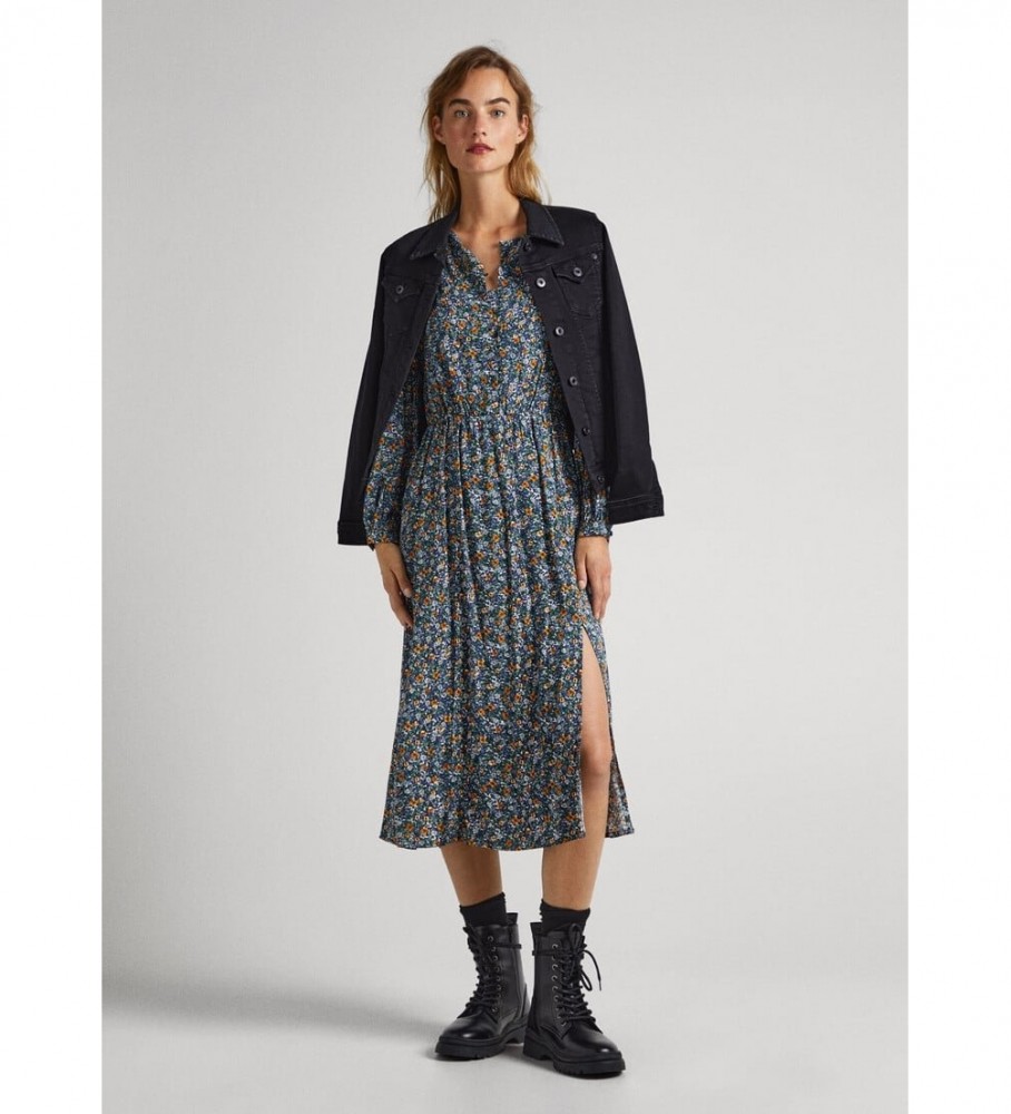 Pepe Jeans für Damen. PL953391 Navy Ichi Kleid (M), Lässig, Viskose, Blumen, Langarm, Marine