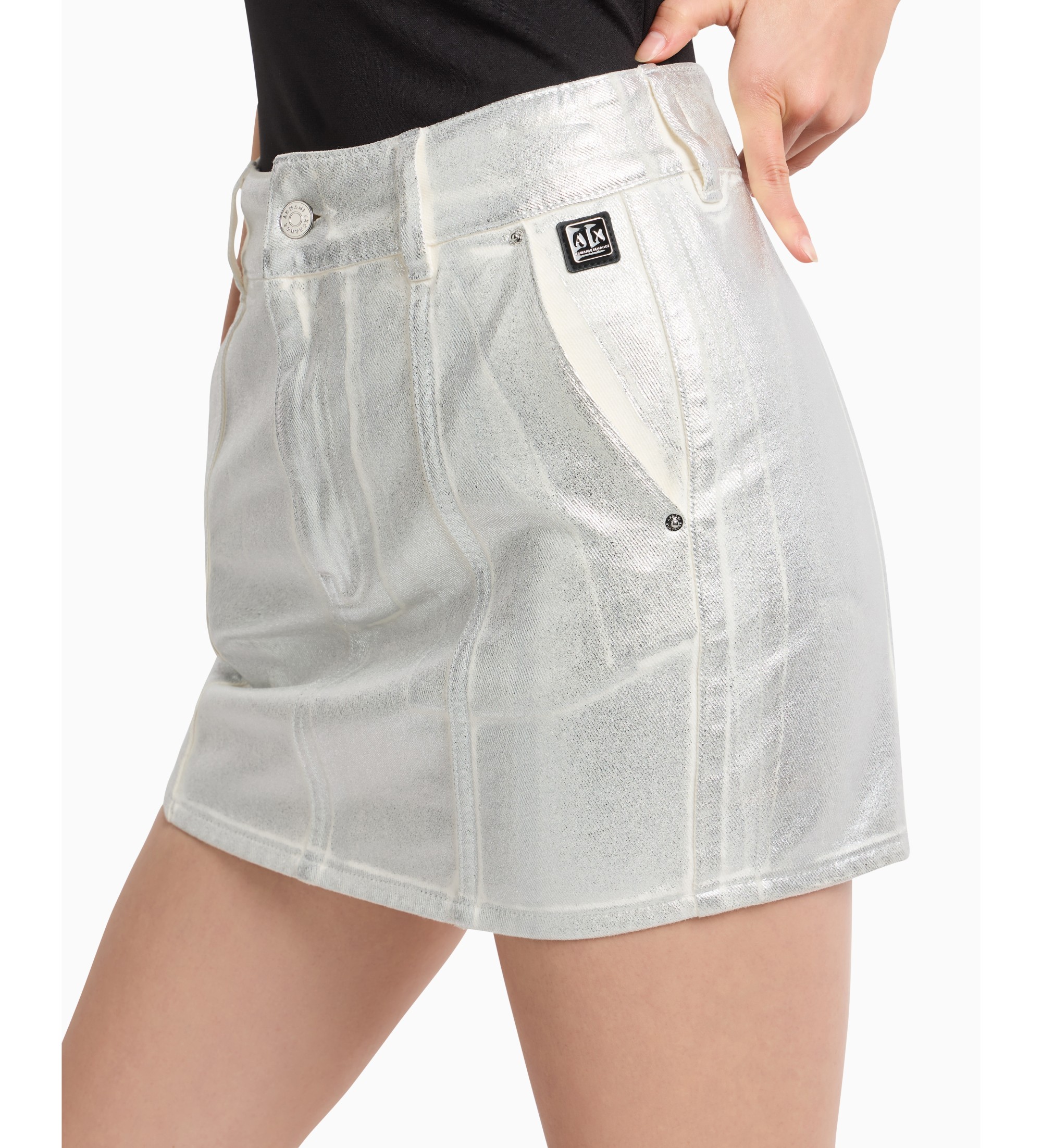A|X Armani Exchange für Damen. XW000099AF10836M8047 Silberner Minirock aus Denim mit hoher Taille (L), Lässig, Baumwolle