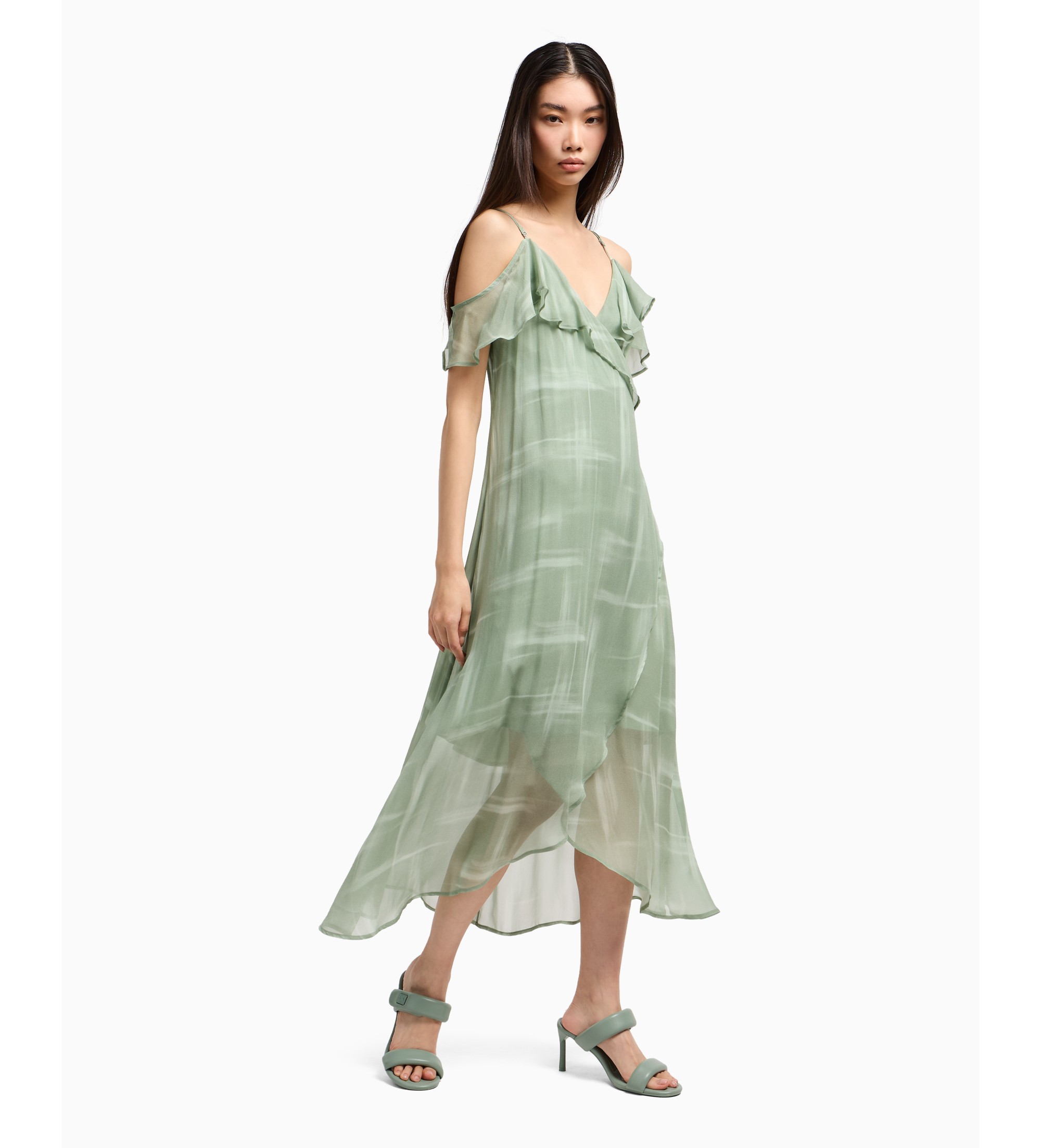 A|X Armani Exchange für Damen. XW000181AF12051F7037 Maxi Crossover Kleid mit verstellbaren dünnen Trägern und Rüschendetails grün (XXL), Läs