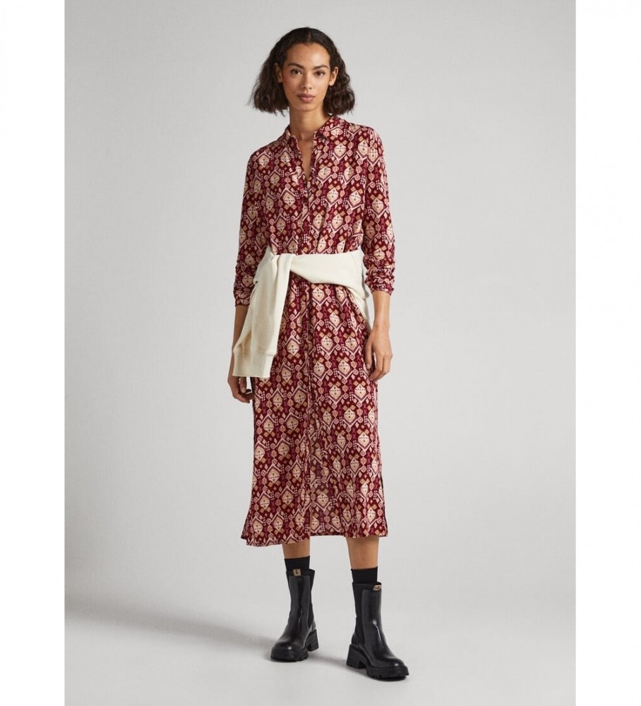 Pepe Jeans für Damen. PL953362 Gloria rotes Kleid (S), Lässig, Viskose, Langarm, Nachhaltig