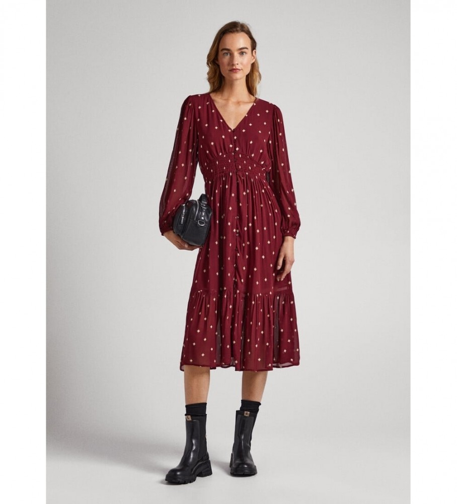 Pepe Jeans für Damen. PL953359 Garnet Gio Kleid (L), Lässig, Kastanienbraun, Viskose, Langarm, Nachhaltig