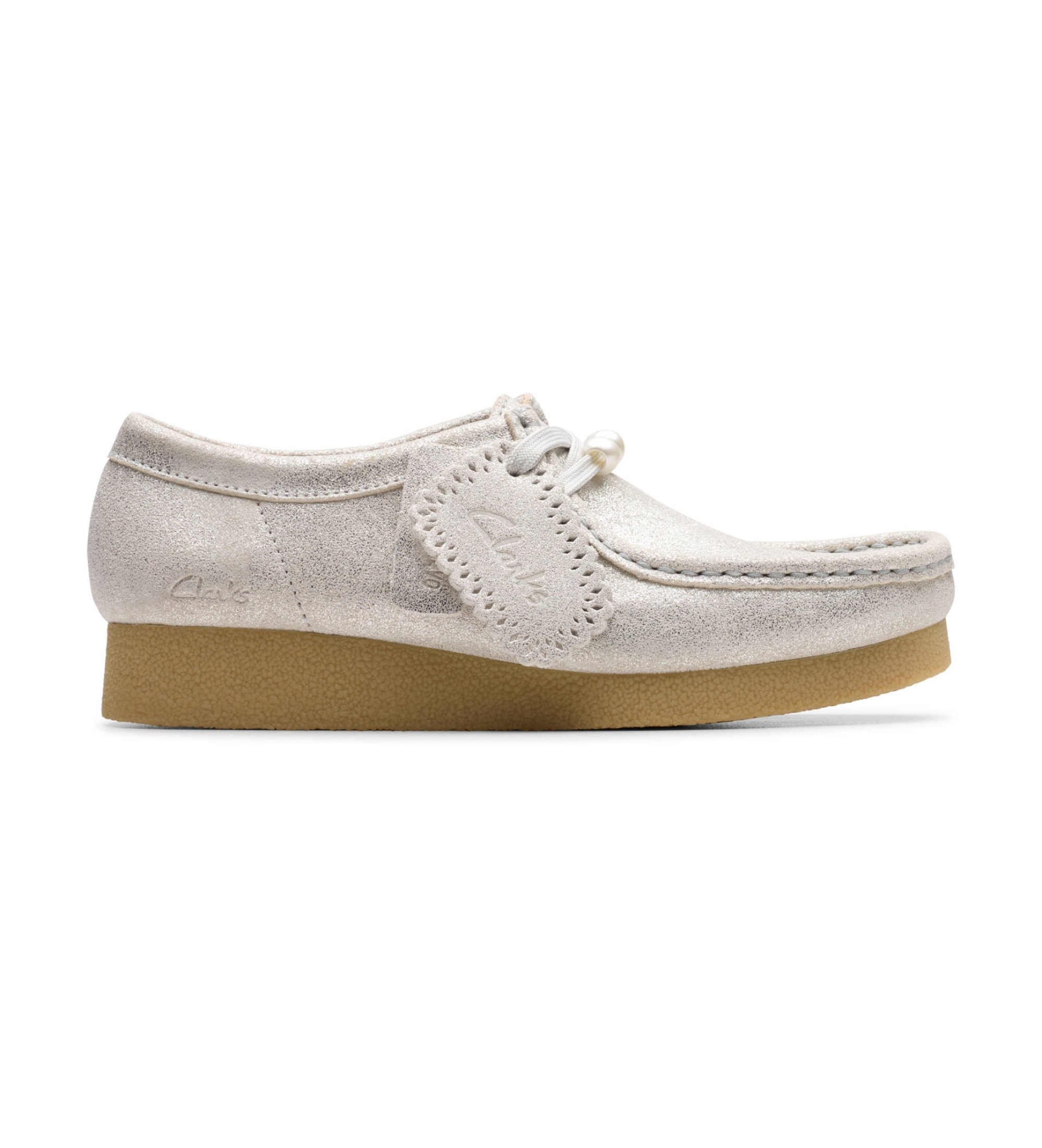 Clarks für Damen. 26184610 WallabeeE VOS silberne Lederschuhe (39.5), Wohnung, Schnürsenkel, Lässig