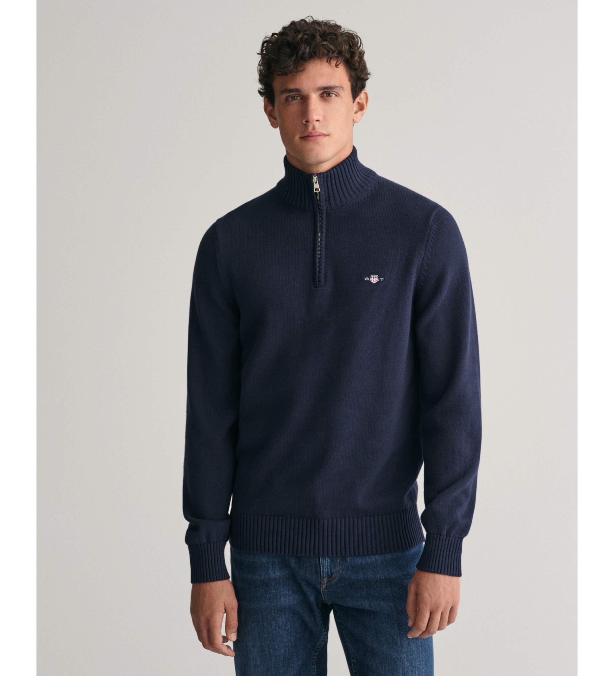 Gant für Herren. 8030170 Baumwollpulli mit halbem Reißverschluss Lässig marineblau (L), Baumwolle, Langarm