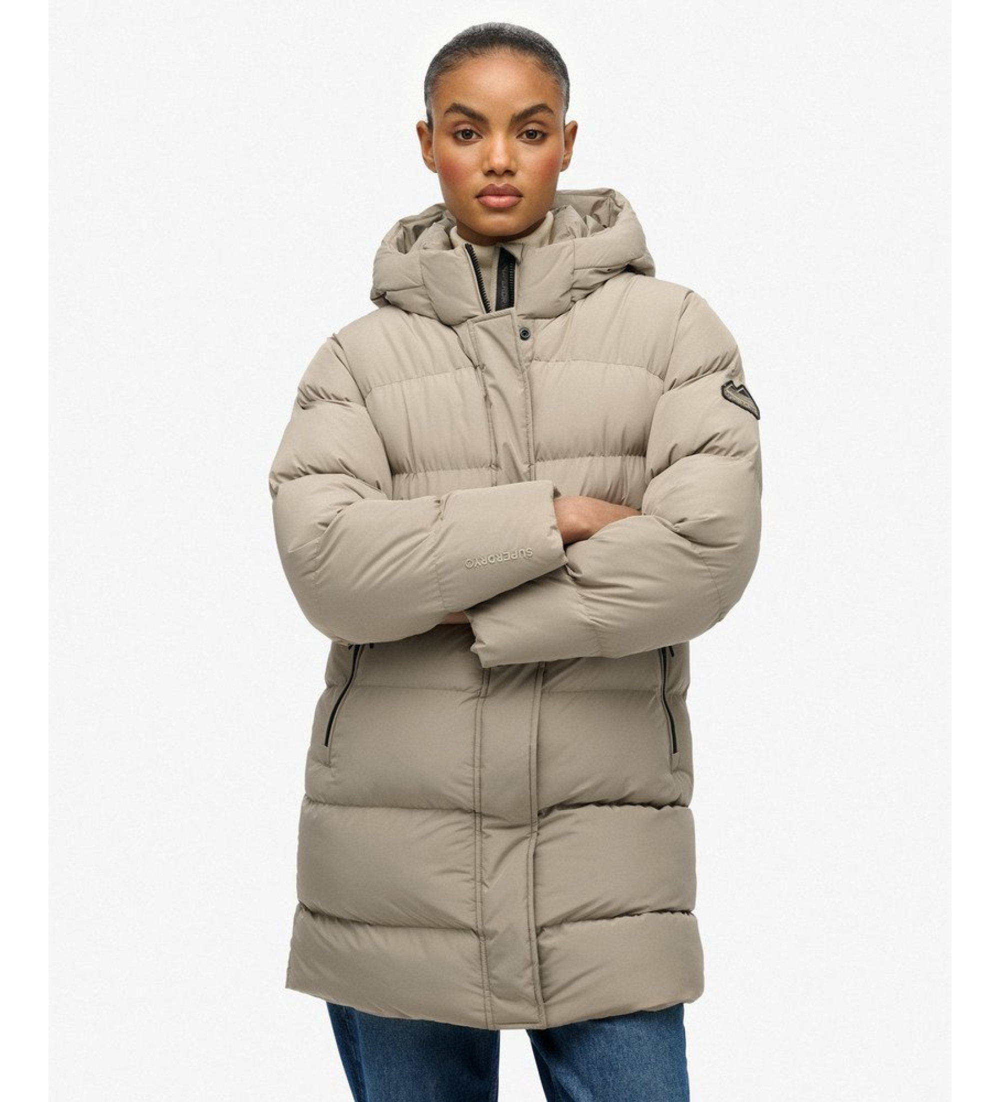 Superdry für Damen. W5012003A Abrigo Hooded Sports Puffer Mid beige (S), Lässig, Polyester