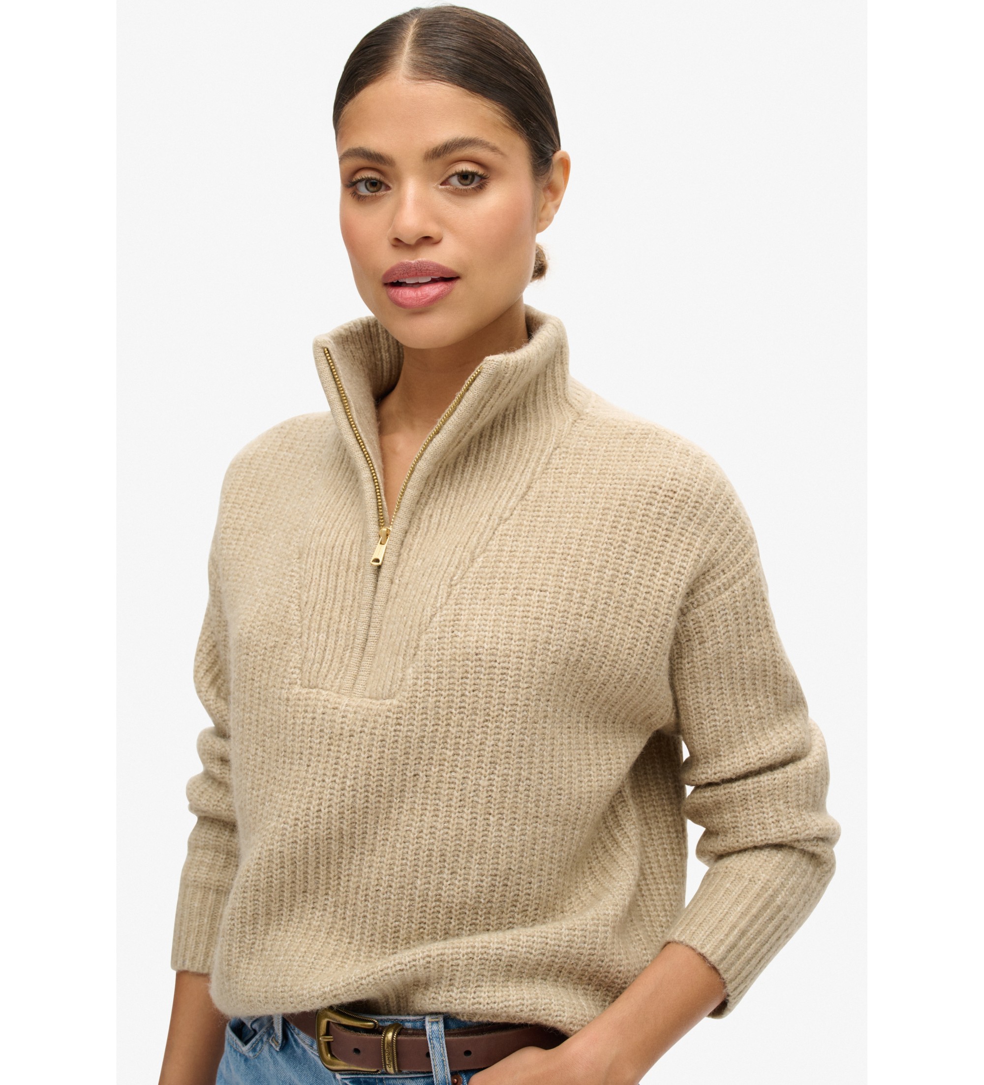Superdryvoor vrouwen. W6110554A Essentiële beige pullover met rits (XXS), Casual, Polyester