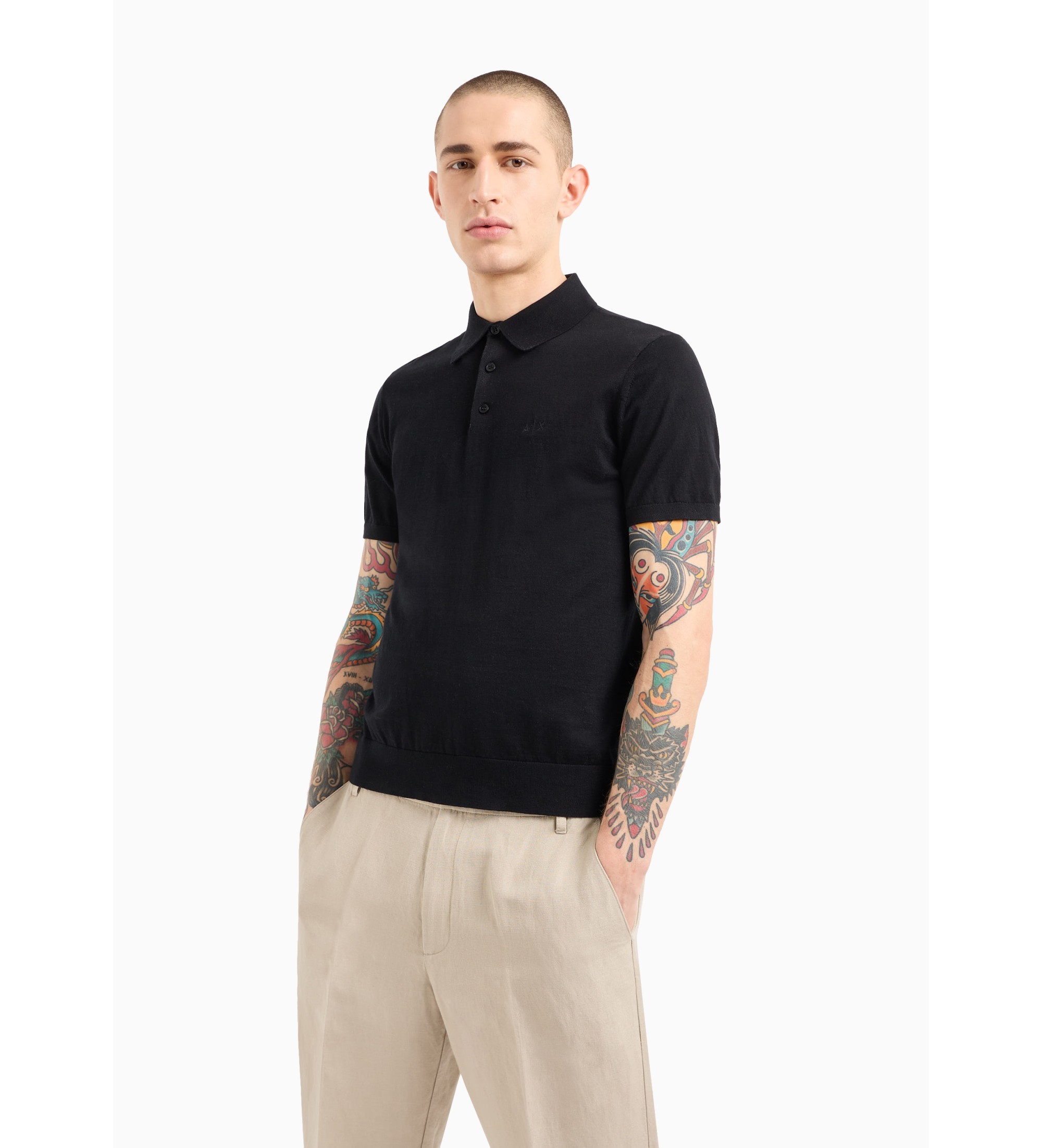 A|X Armani Exchange für Herren. 8NZF5DZM3JZ1200 Schwarzes gestricktes Poloshirt (XL), Lässig, Baumwolle, Kurzarm