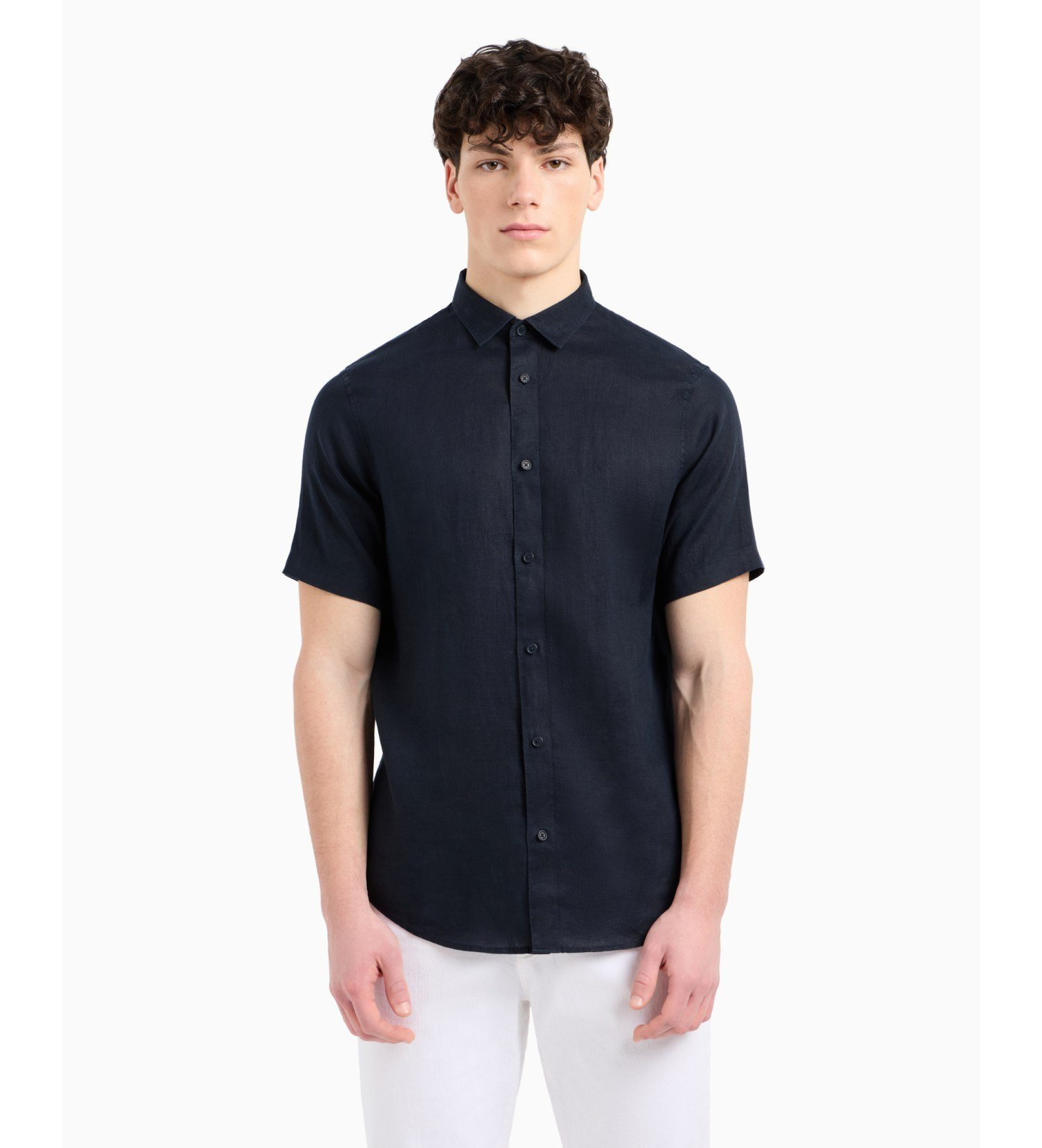 A|X Armani Exchange für Herren. XM001223AF14619UB101 Marineblaues Freizeithemd (L), Lässig, Leinen, Kurzarm