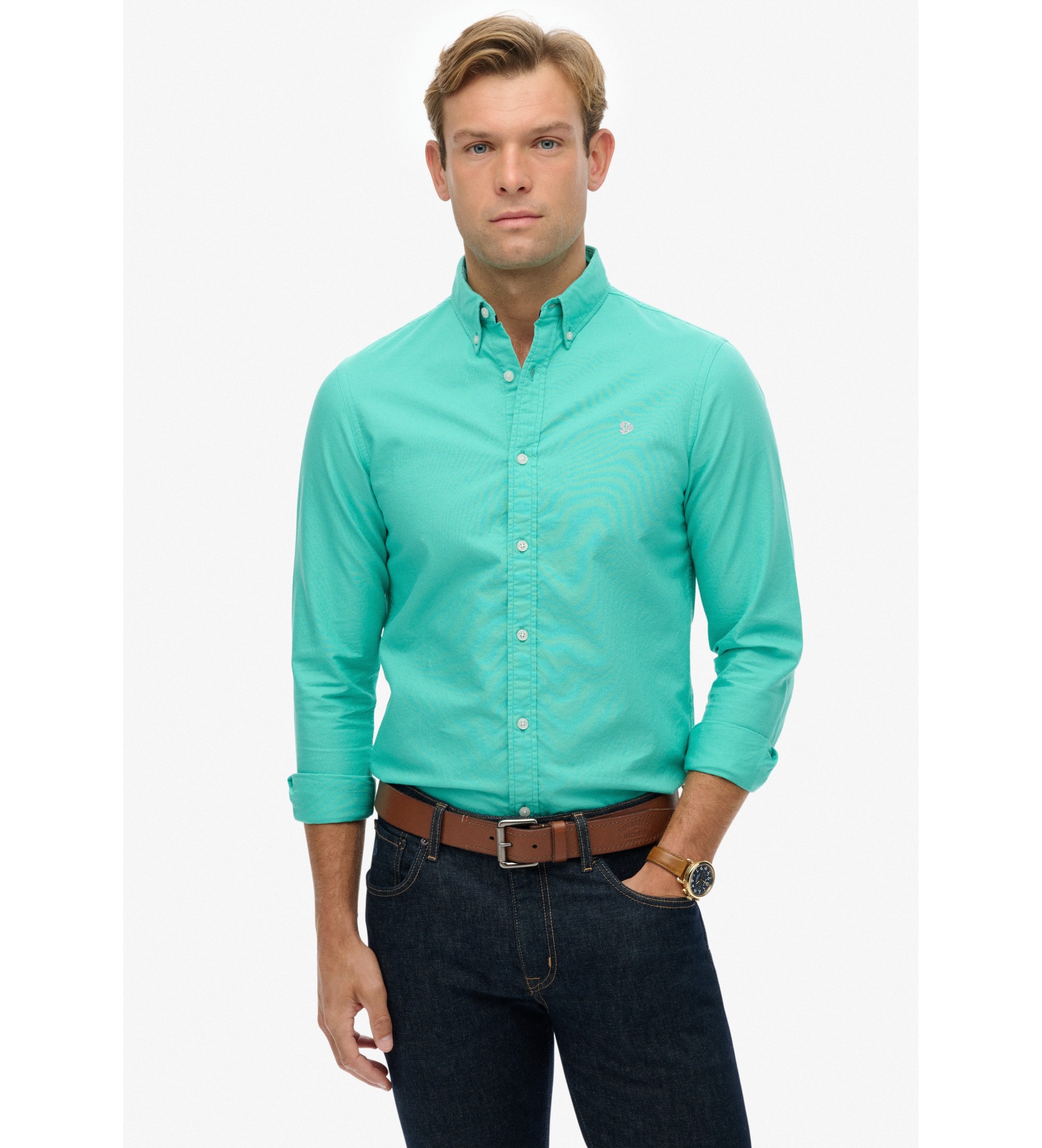 Superdry für Herren. M4011037A Klassisches Oxford-Hemd türkis (XL), Lässig, Grün, Baumwolle, Langarm