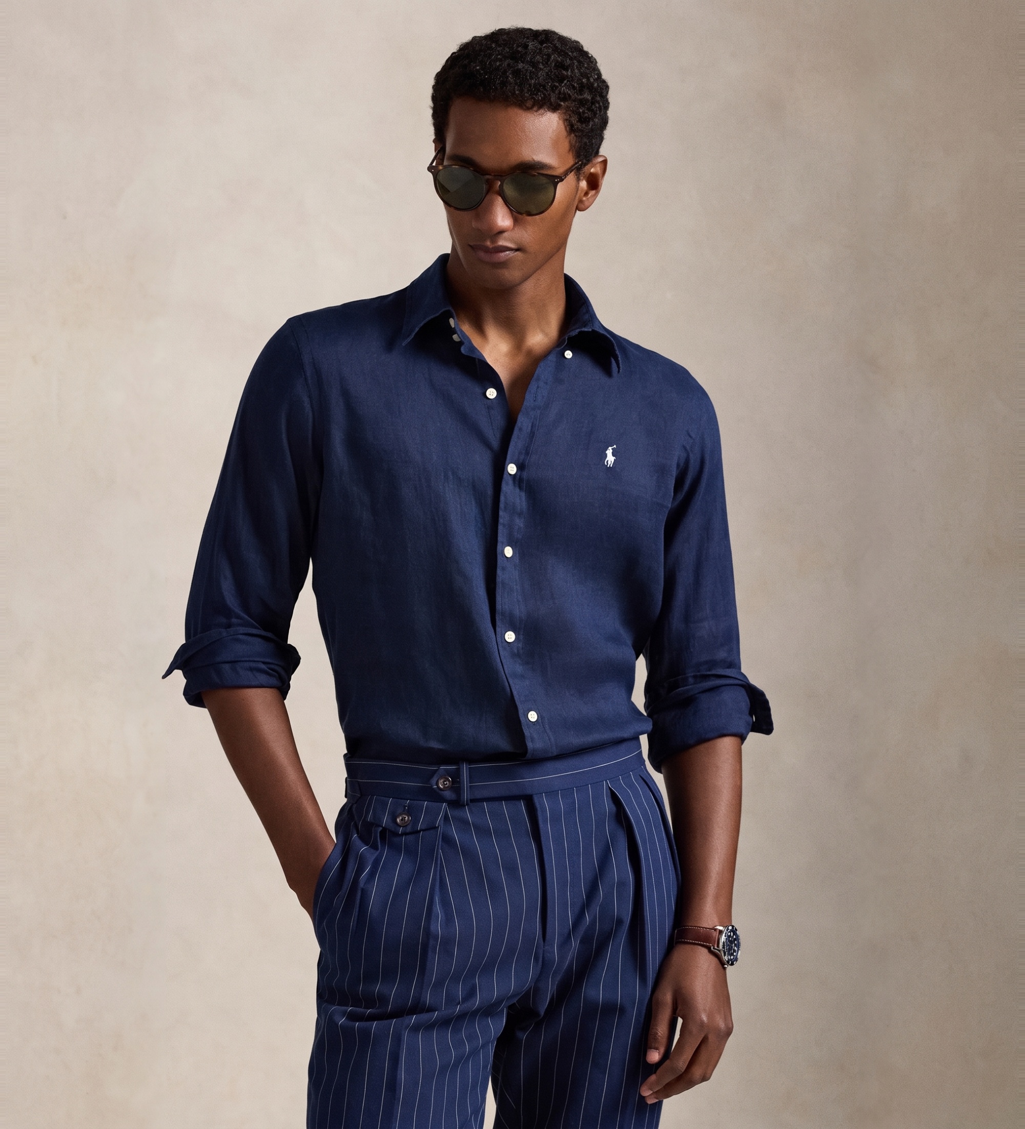 Polo Ralph Lauren für Herren. 710966294504 Maßgeschneidertes Leinenhemd navy (M), Lässig, Langarm, Marine