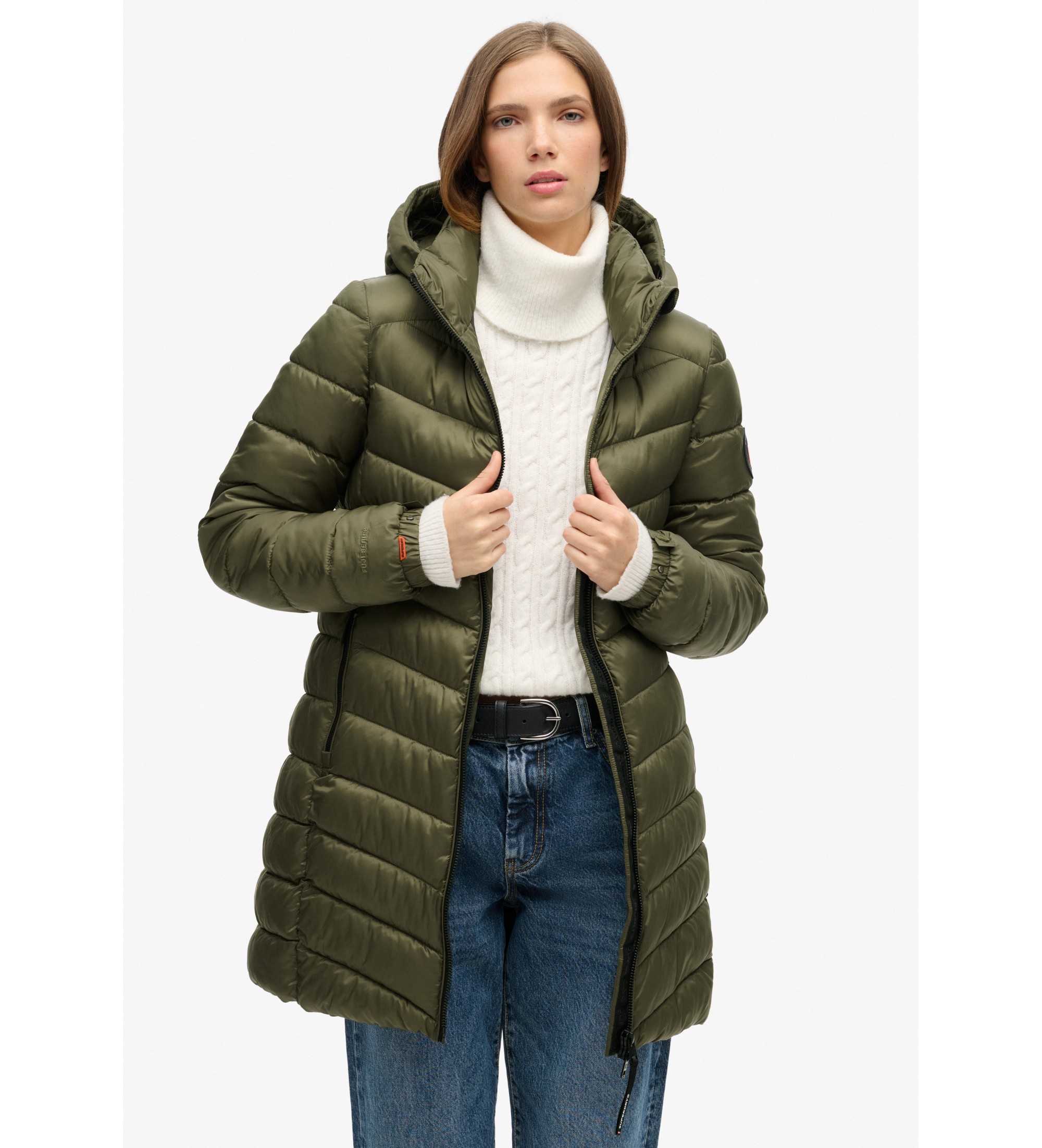 Superdry für Damen. W5011719A Fuji Medium Steppmantel mit Kapuze grün (M), Lässig, Polyester