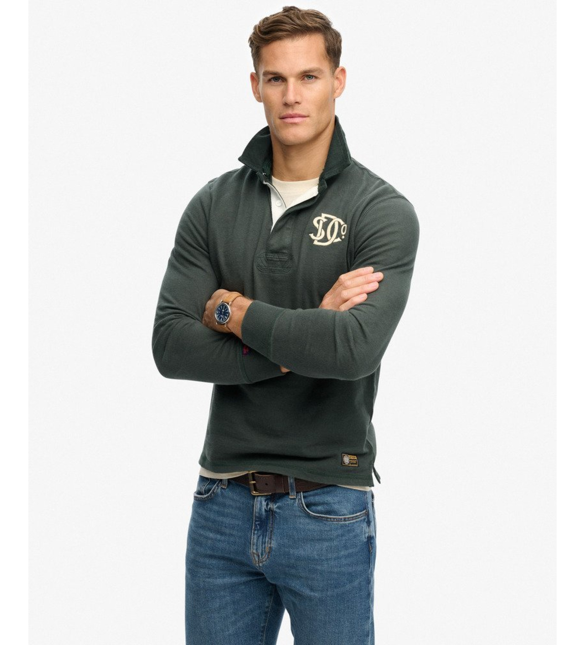 Superdry für Herren. M2014011A Vintage Athletic Rugby grünes Poloshirt (M), Lässig, Baumwolle, Langarm