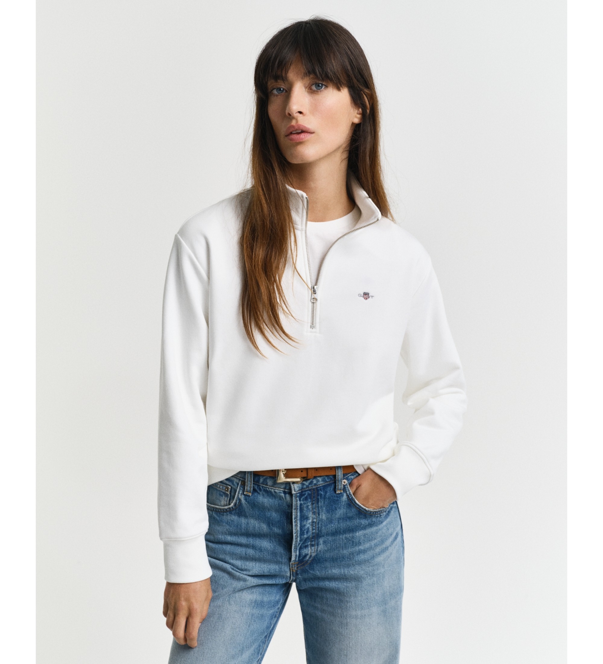 Gant für Damen. 4200561 Beigefarbenes Shield Sweatshirt mit halbem Reißverschluss (M), Lässig, Baumwolle