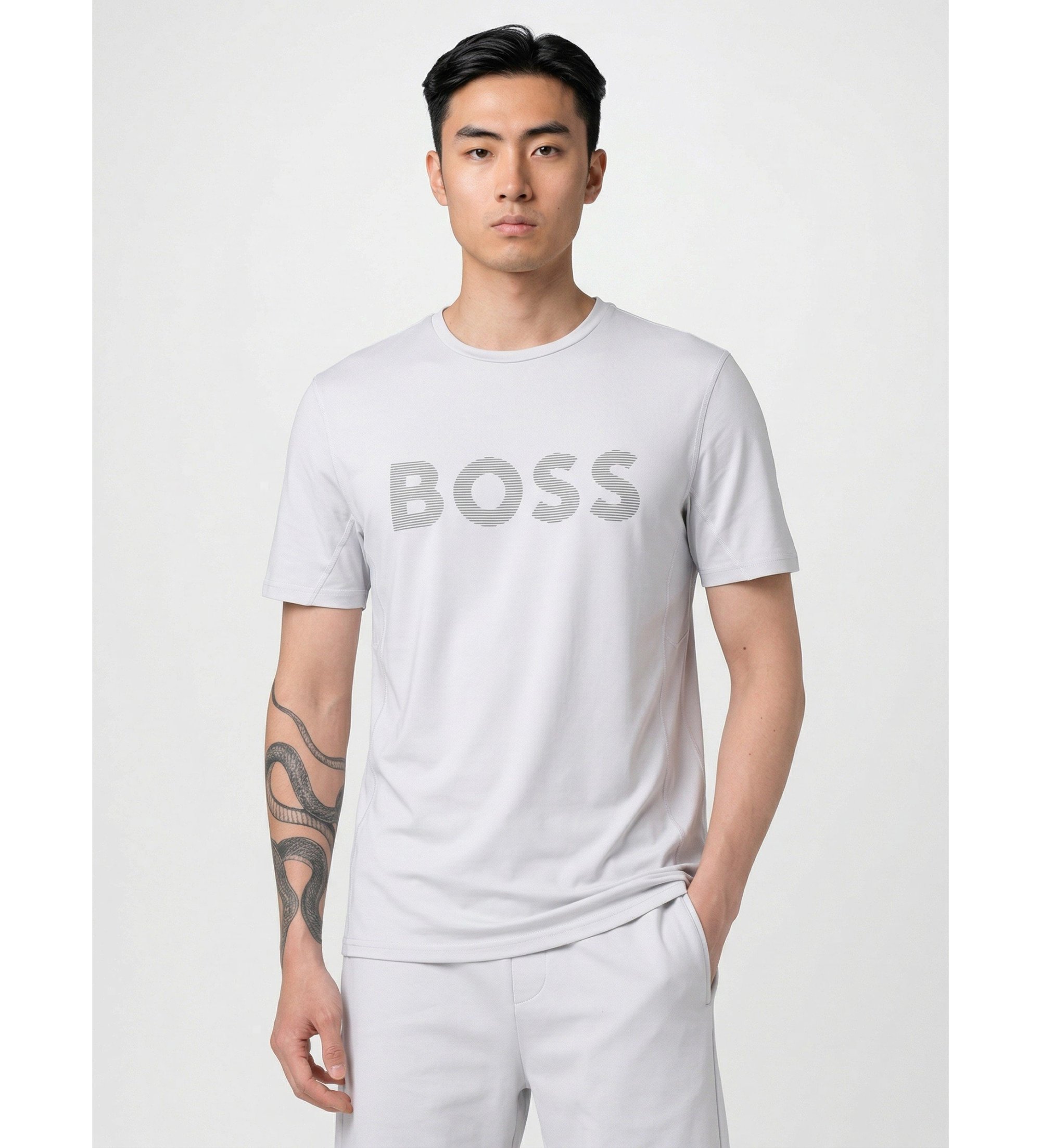 BOSSvoor mannen. 50531244 Actief T-shirt wit (L), Casual, Korte mouwen, Gerecycled polyester, Duurzaam