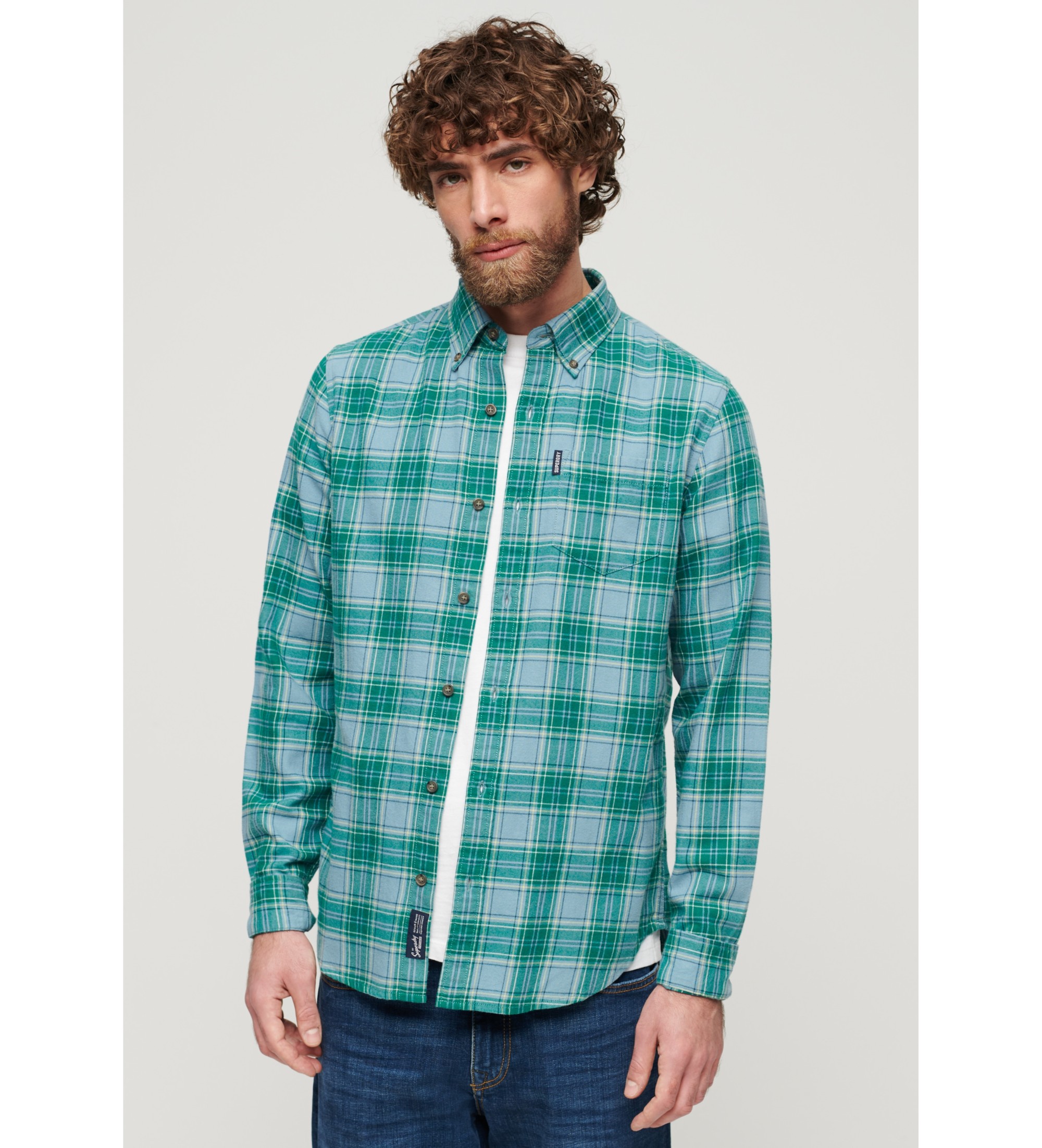 Superdry für Herren. M4010737A Grünes Vintage-Karohemd (L), Lässig, Baumwolle, Langarm