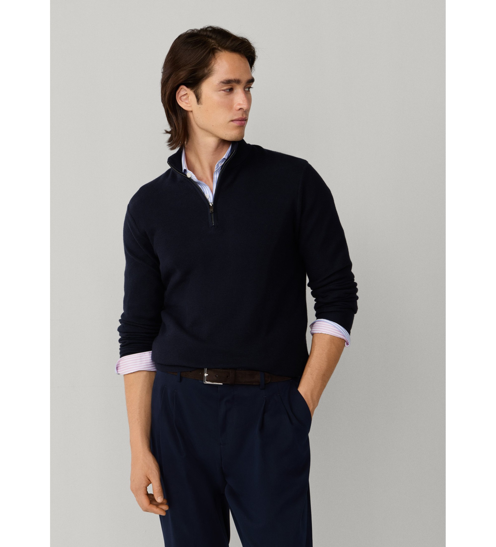 Hackett London für Herren. HM7000185 Waben-Pullover Hzip navy (XL), Lässig, Baumwolle, Kurzarm, Marine