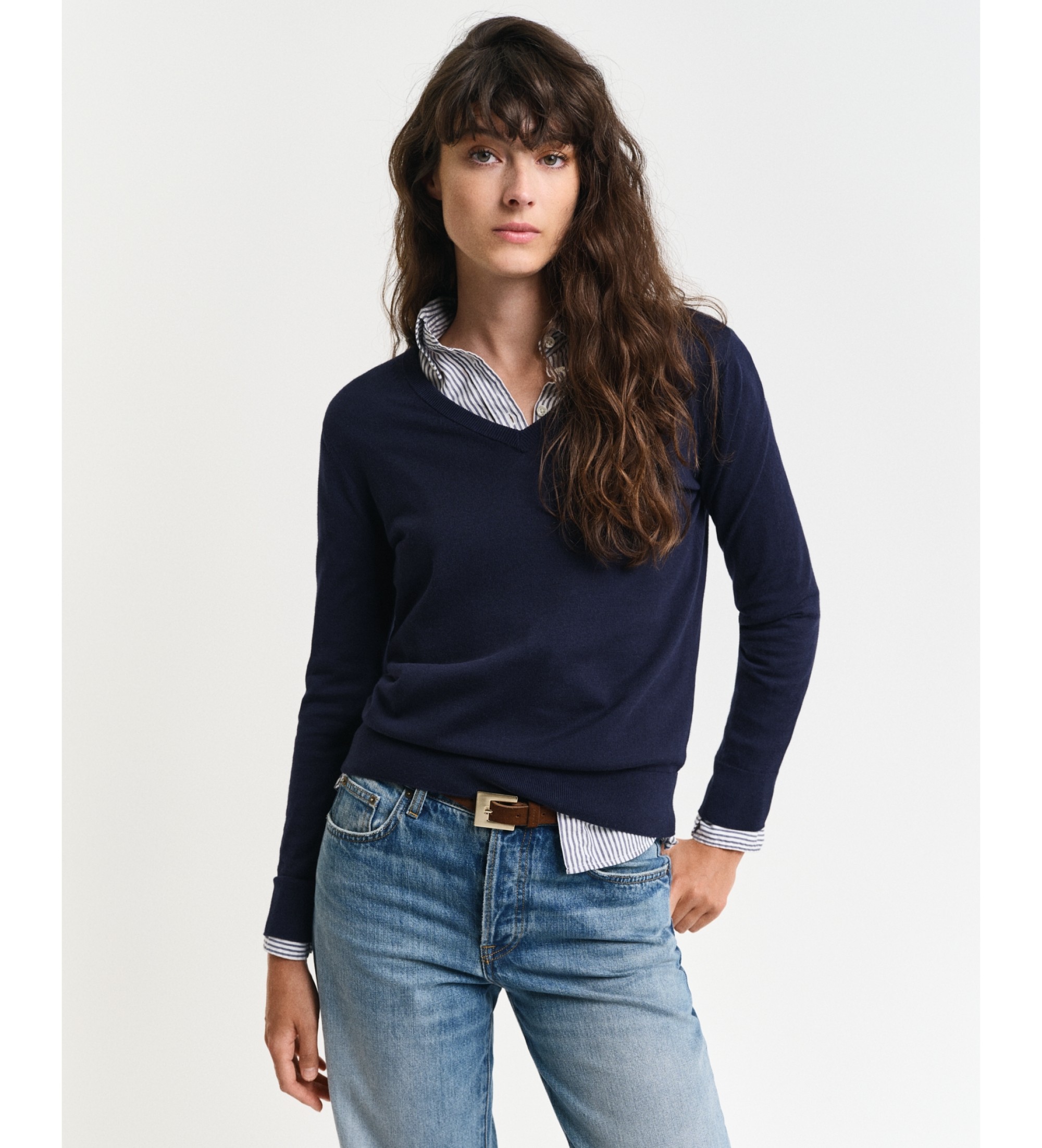 Gant für Damen. 4800400 Pullover mit V-Ausschnitt aus navyfarbenem Feinstrick (S), Lässig, Bio-Baumwolle, Nachhaltig, Marine