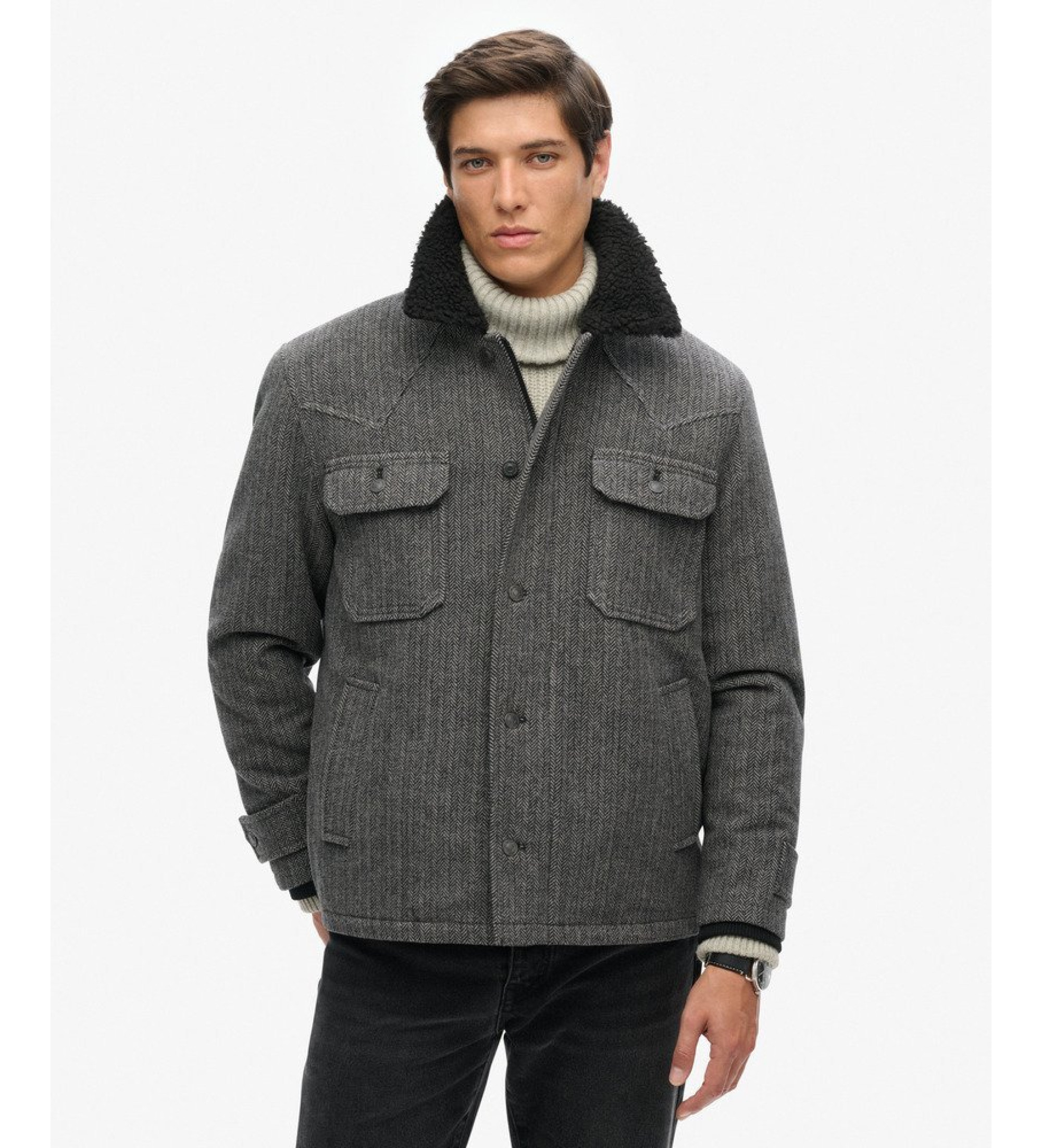 Superdry für Herren. M5011972A Merchant Wool Chore Jacket grau (M), Lässig, Wolle