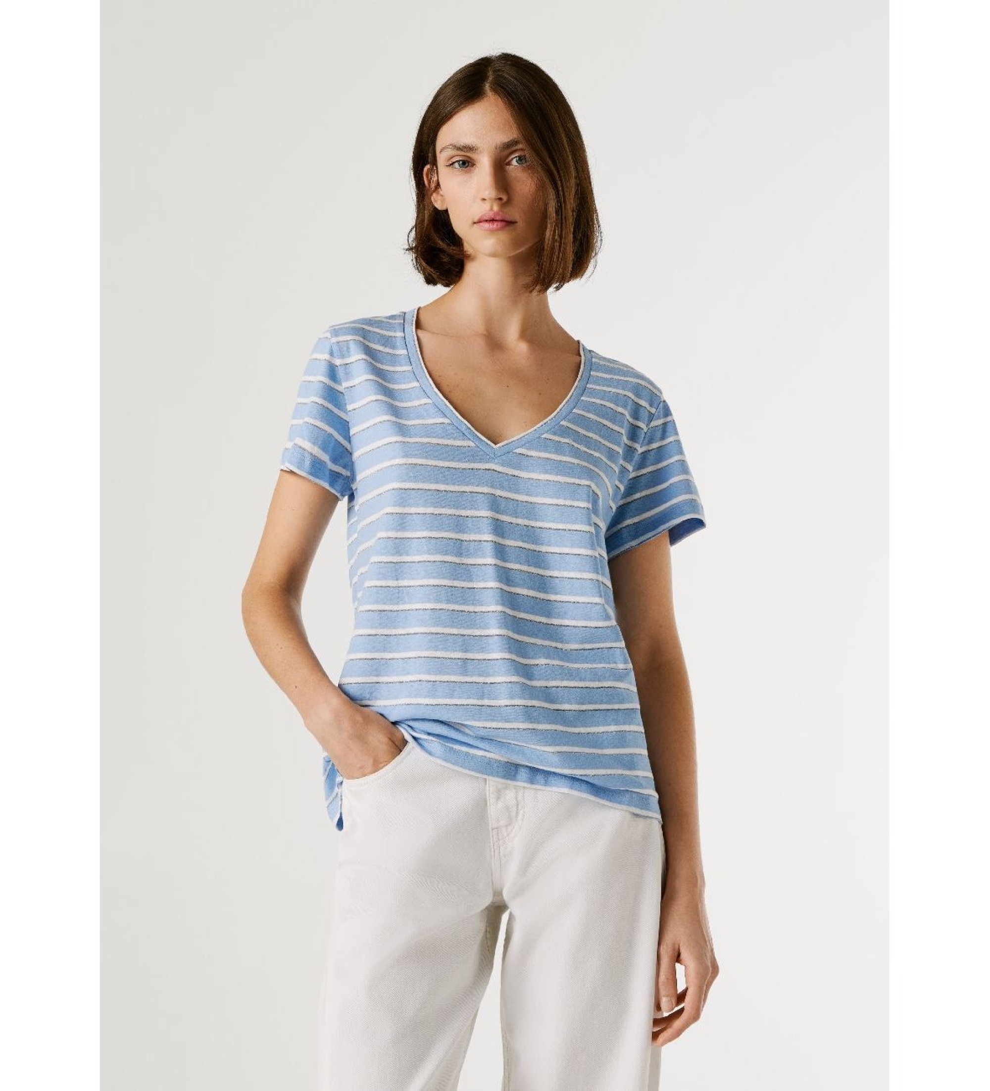 Pepe Jeans für Damen. PL5000121 Megan Gestreiftes T-shirt blau (XL), Lässig, Baumwolle, Leinen, Kurzarm