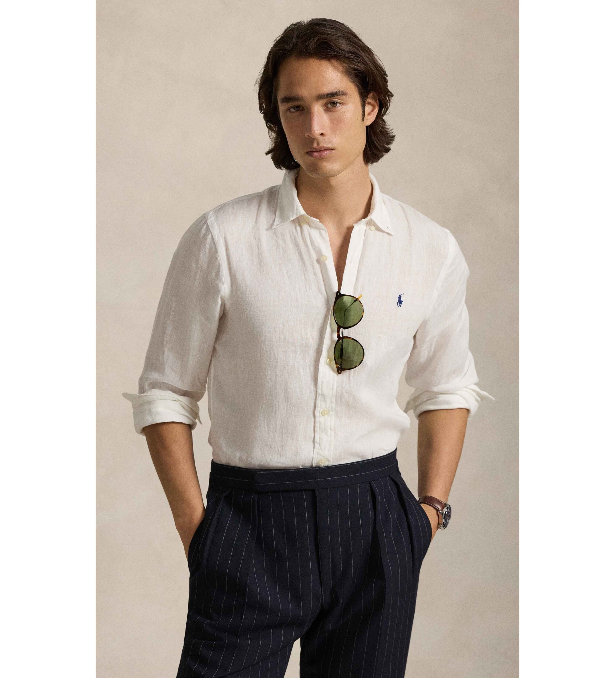 Polo Ralph Lauren für Herren. 710968915014 Slim Fit Leinenhemd off-white (L), Weiß, Lässig, Klassisch, Langarm