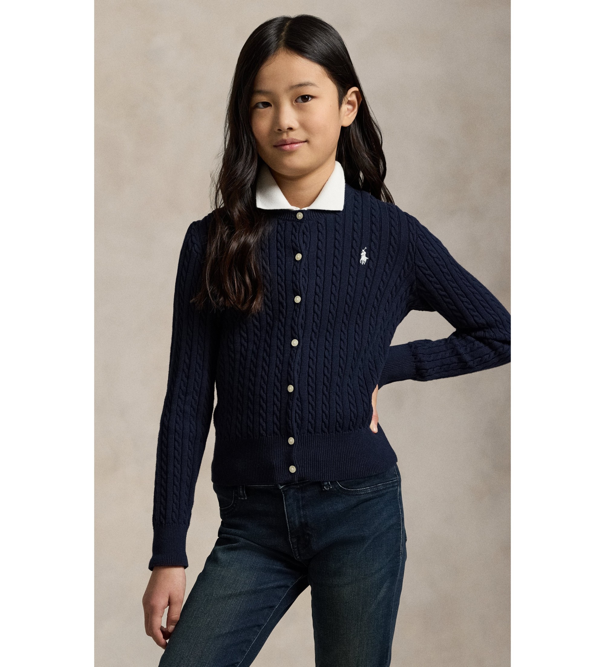 Polo Ralph Lauren für Mädchen. 313543047011 Baumwollcardigan aus marineblauem Achterstrick ((S) 7años= 130/134cm), Lässig, Baumwolle, Kinder