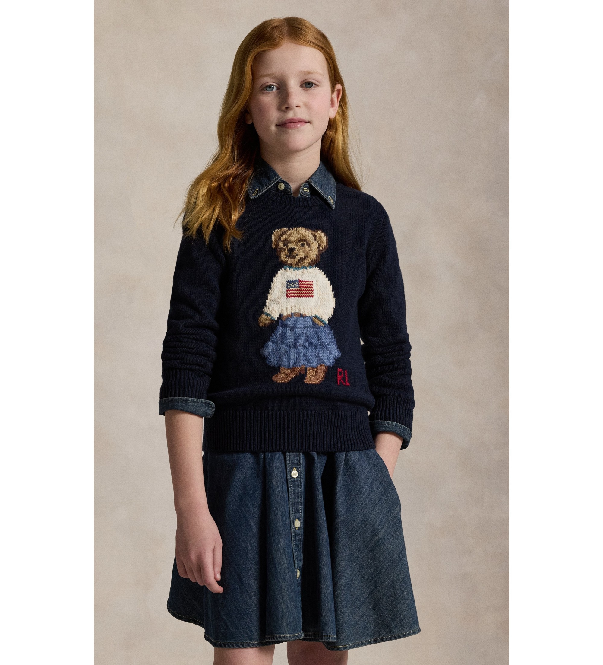 Polo Ralph Lauren für Mädchen. 313702268001 Baumwollpullover mit marineblauem Polo-Bären-Motiv ((S) 7años= 130/134cm), Lässig, Baumwolle, La