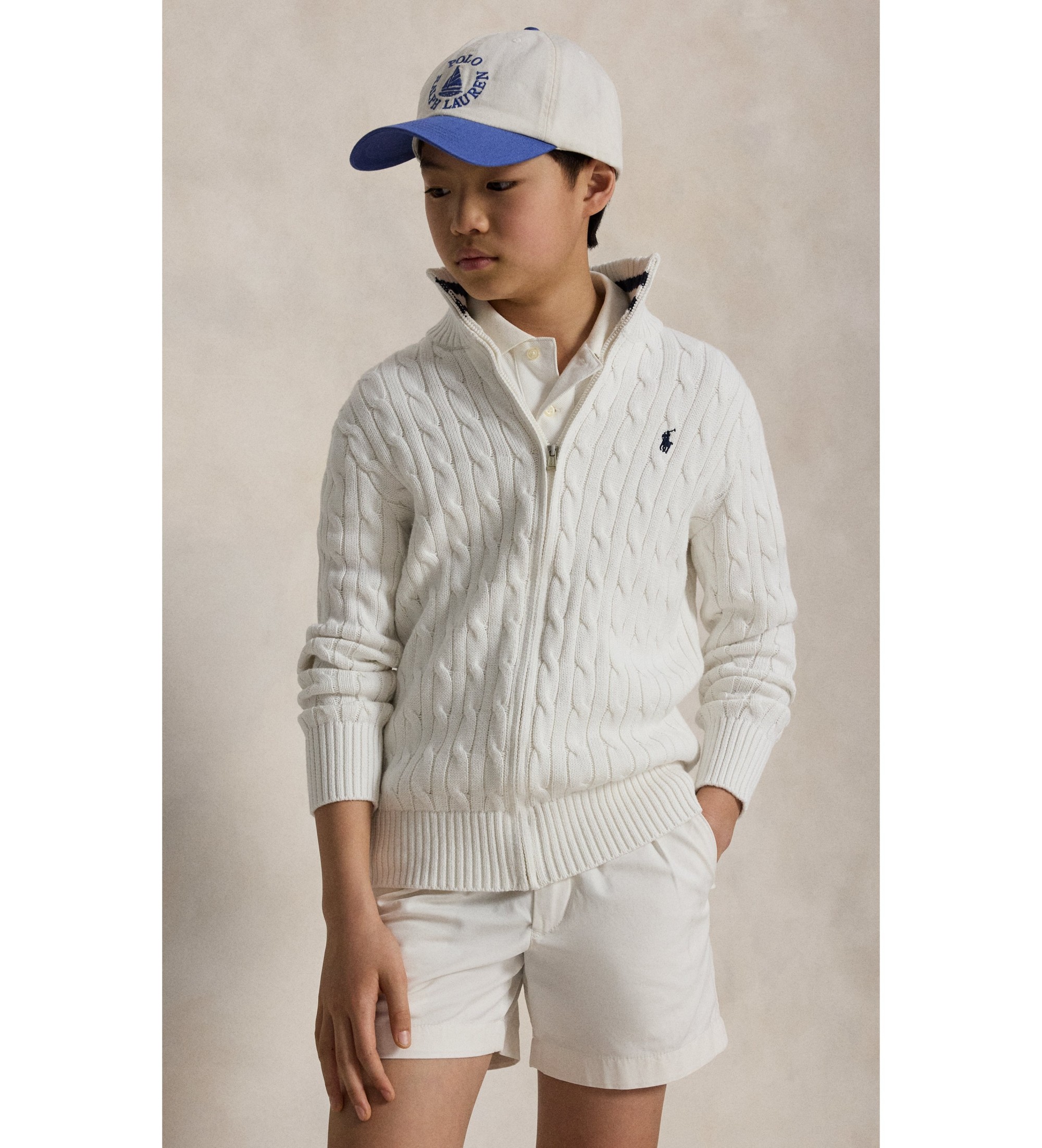 Polo Ralph Lauren für Jungen. 323A95566002 Weiße Rippstrickjacke mit halbem Reißverschluss ((M) 8/9años= 140/149cm), Lässig, Baumwolle, Lang