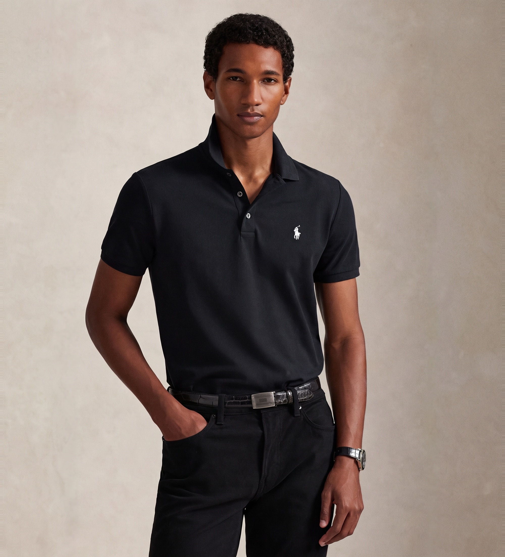 Polo Ralph Lauren für Herren. 710941439040 Schwarzes Polohemd aus elastischem Piqué im Custom Slim Fit-Schnitt (XL), Lässig, Baumwolle, Kurz