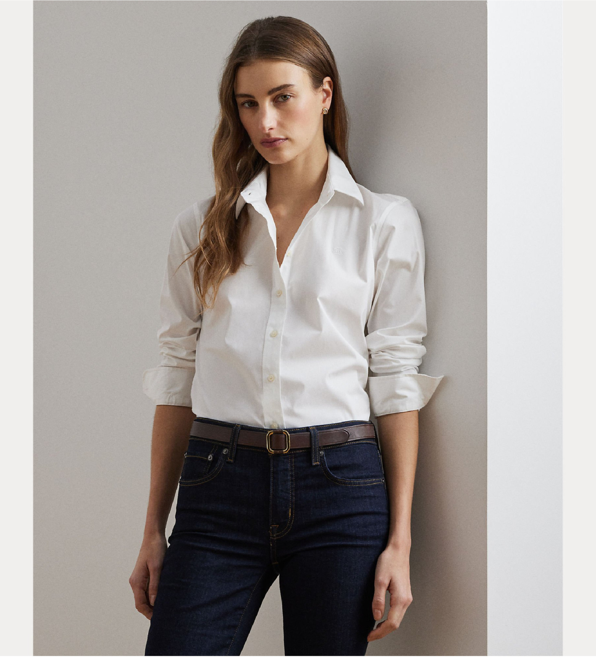 Lauren Ralph Lauren für Damen. 200684553001 Pflegeleichtes Stretch-Hemd weiß (S), Baumwolle, Klassisch, Langarm