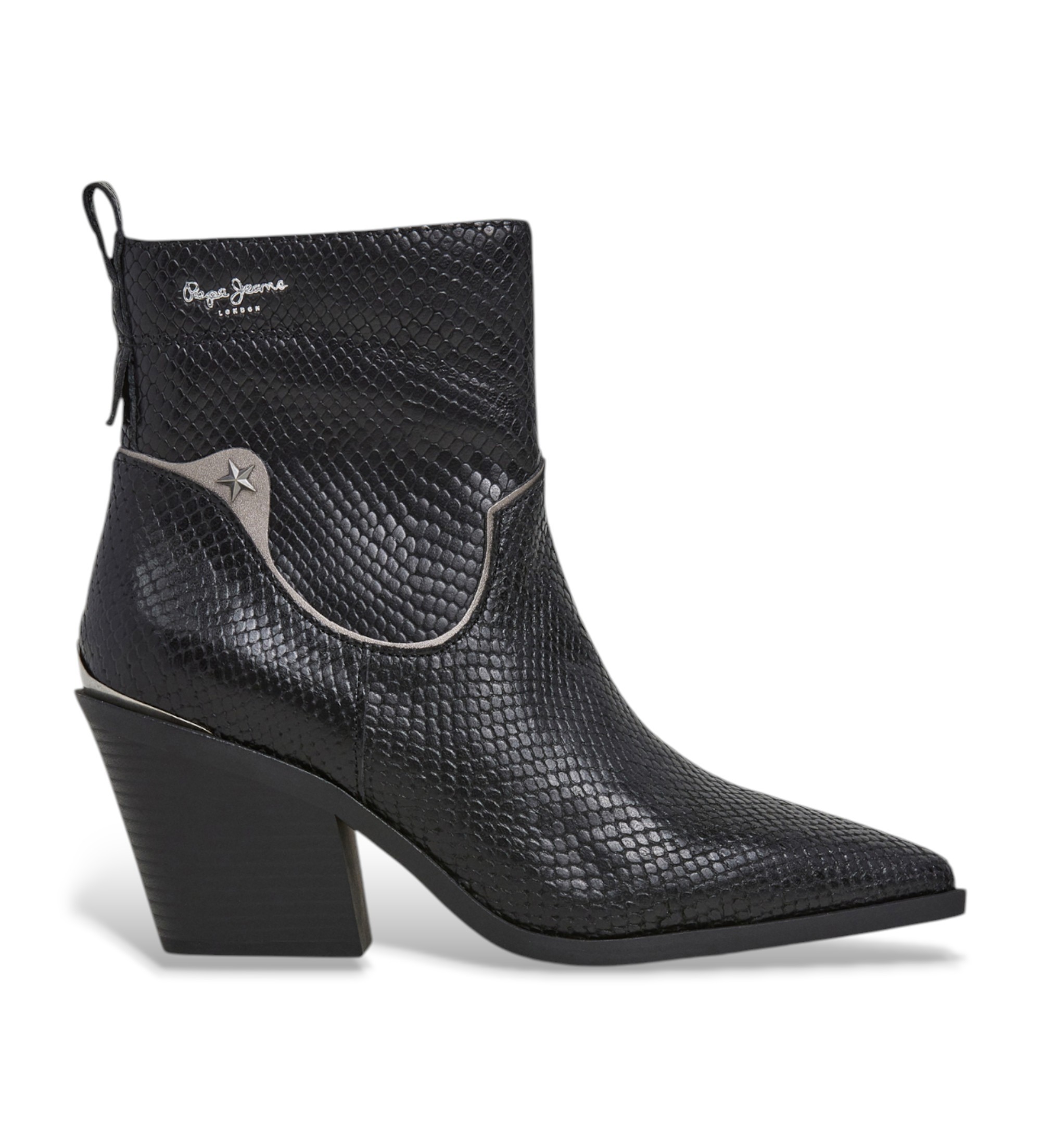 Pepe Jeans für Damen. PLS500015 Gina Schlangenleder-Stiefeletten schwarz (38), 3 bis 5 cm, Reißverschluss, Lässig