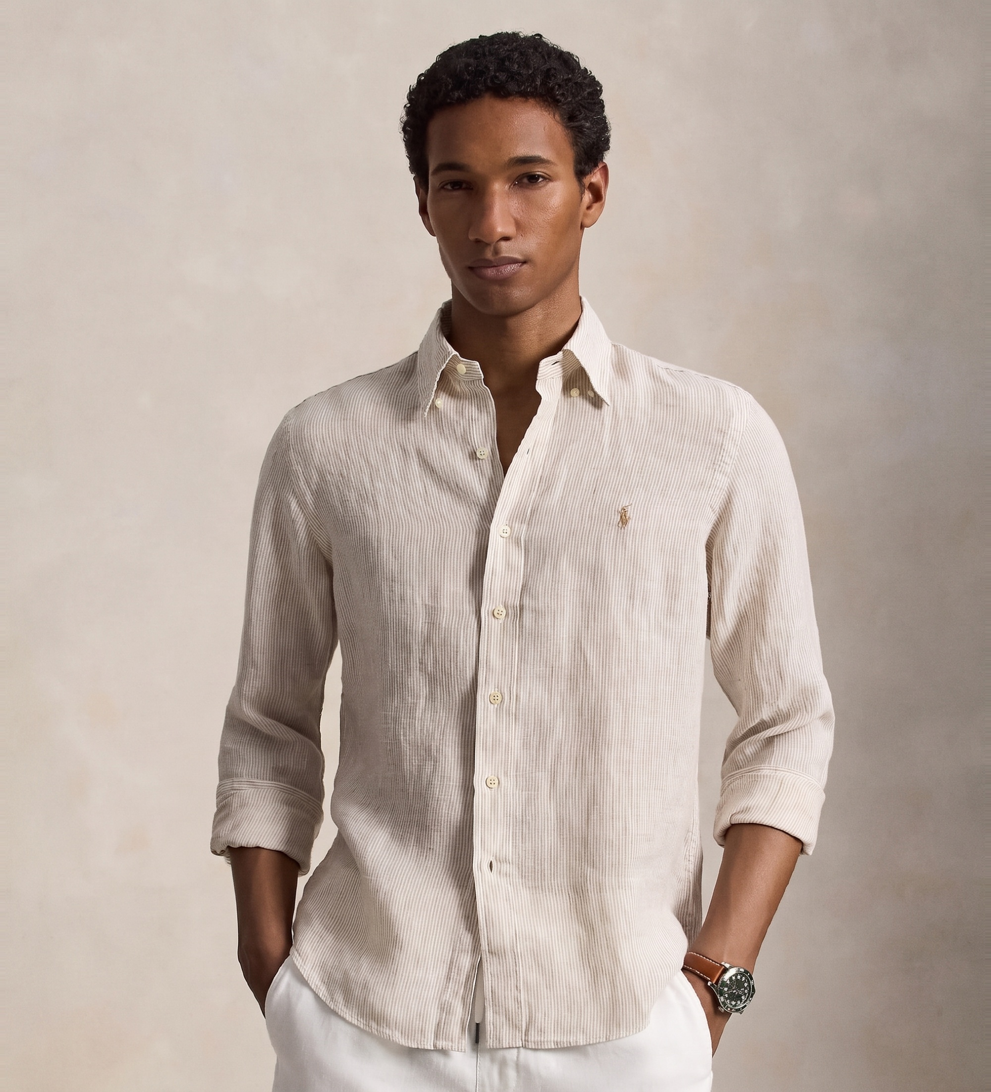 Polo Ralph Lauren für Herren. 710B22588001 Leinenhemd mit beigen Custom Fit-Streifen (XL), Lässig, Langarm