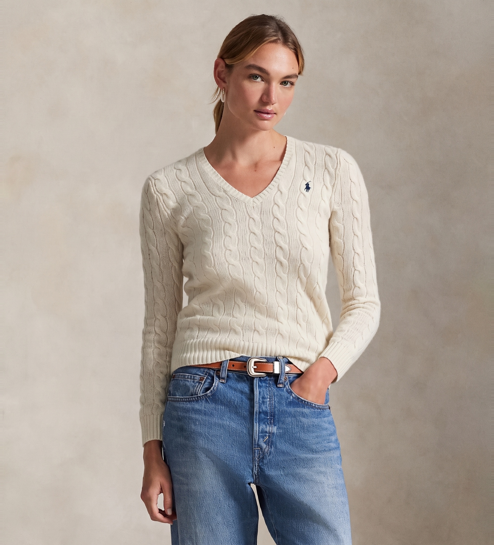 Polo Ralph Lauren für Damen. 211971866001 Beigefarbene Strickjacke aus Wolle und Kaschmir (M), Lässig, Langarm