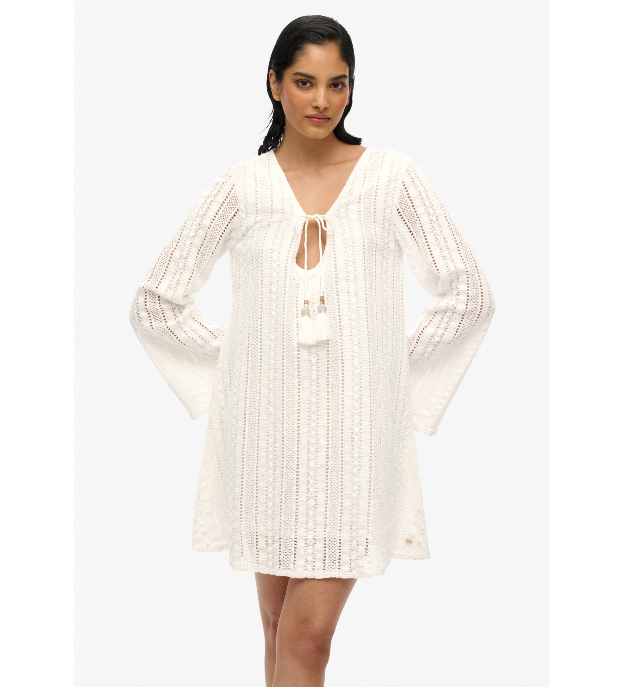 Superdry für Damen. W8011933A Weißes Minikleid mit Spitze ?Ibiza? (S), Lässig, Baumwolle, Langarm