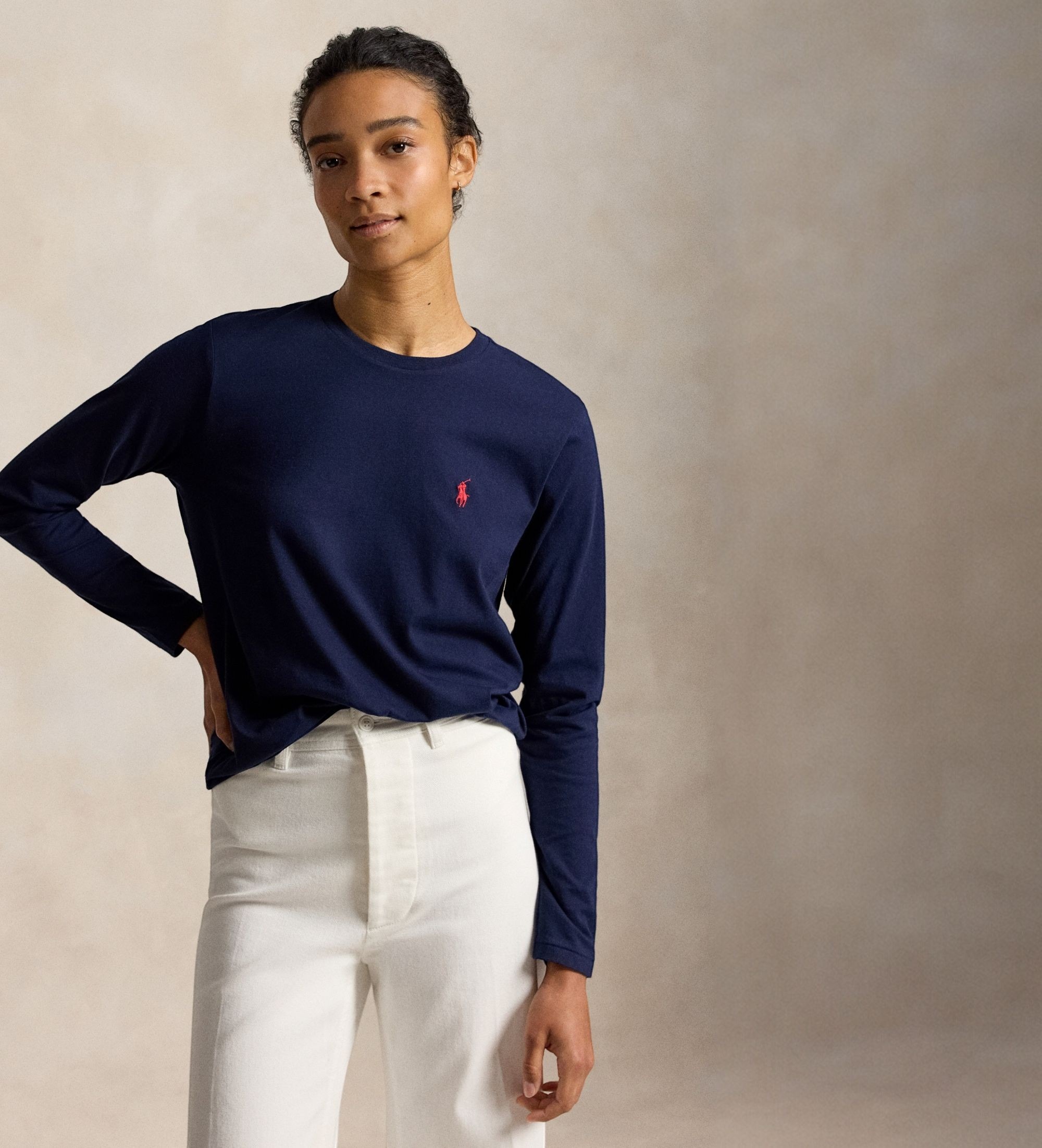 Polo Ralph Lauren für Damen. 211B14604005 T-Shirt in Classic Fit aus marineblauem Baumwollstrick (S), Lässig, Baumwolle, Langarm