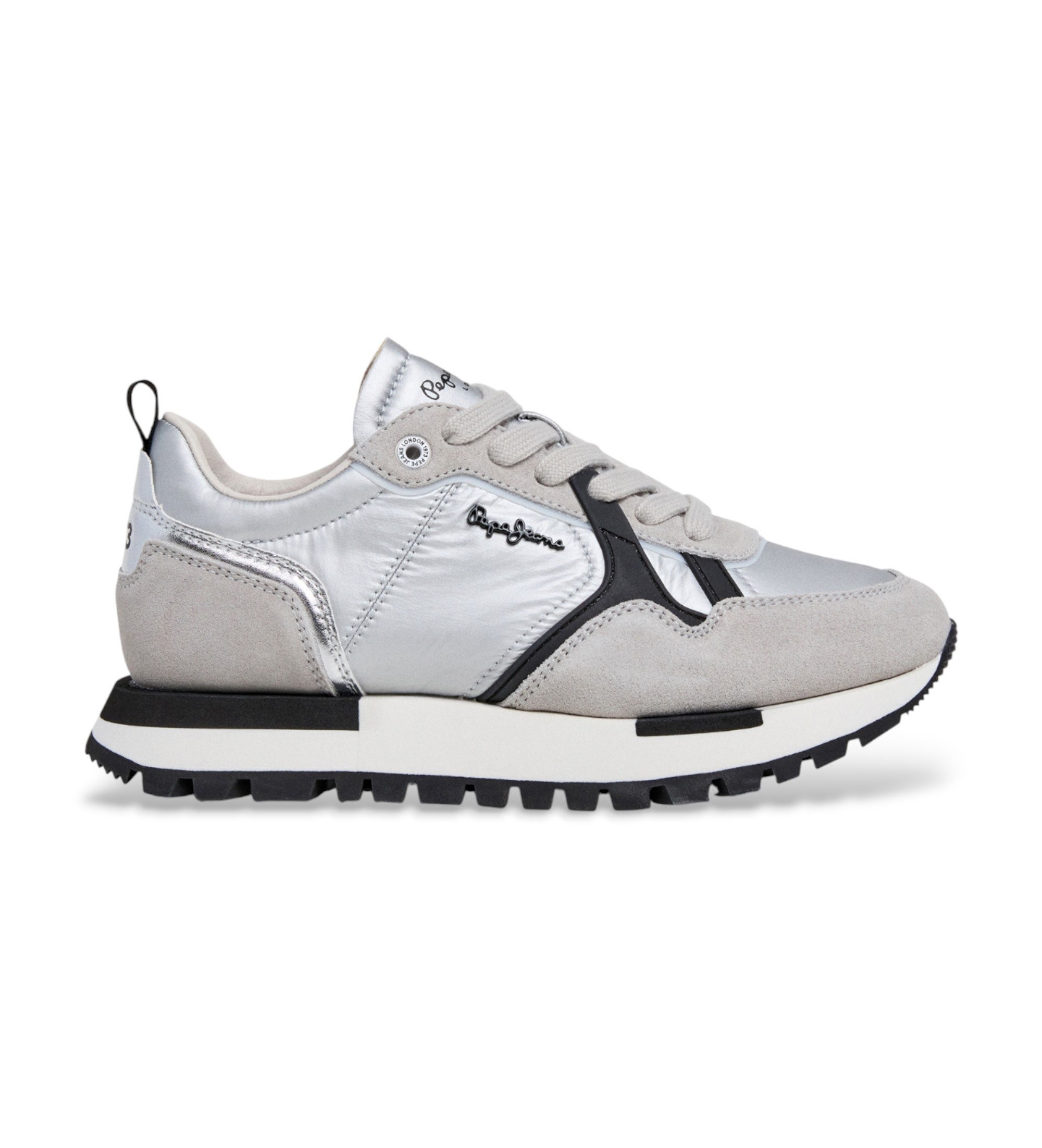 Pepe Jeans für Damen. PLS400027 Ari Shine Sneaker aus Leder in Silber (36), Wohnung, Schnürsenkel, Lässig