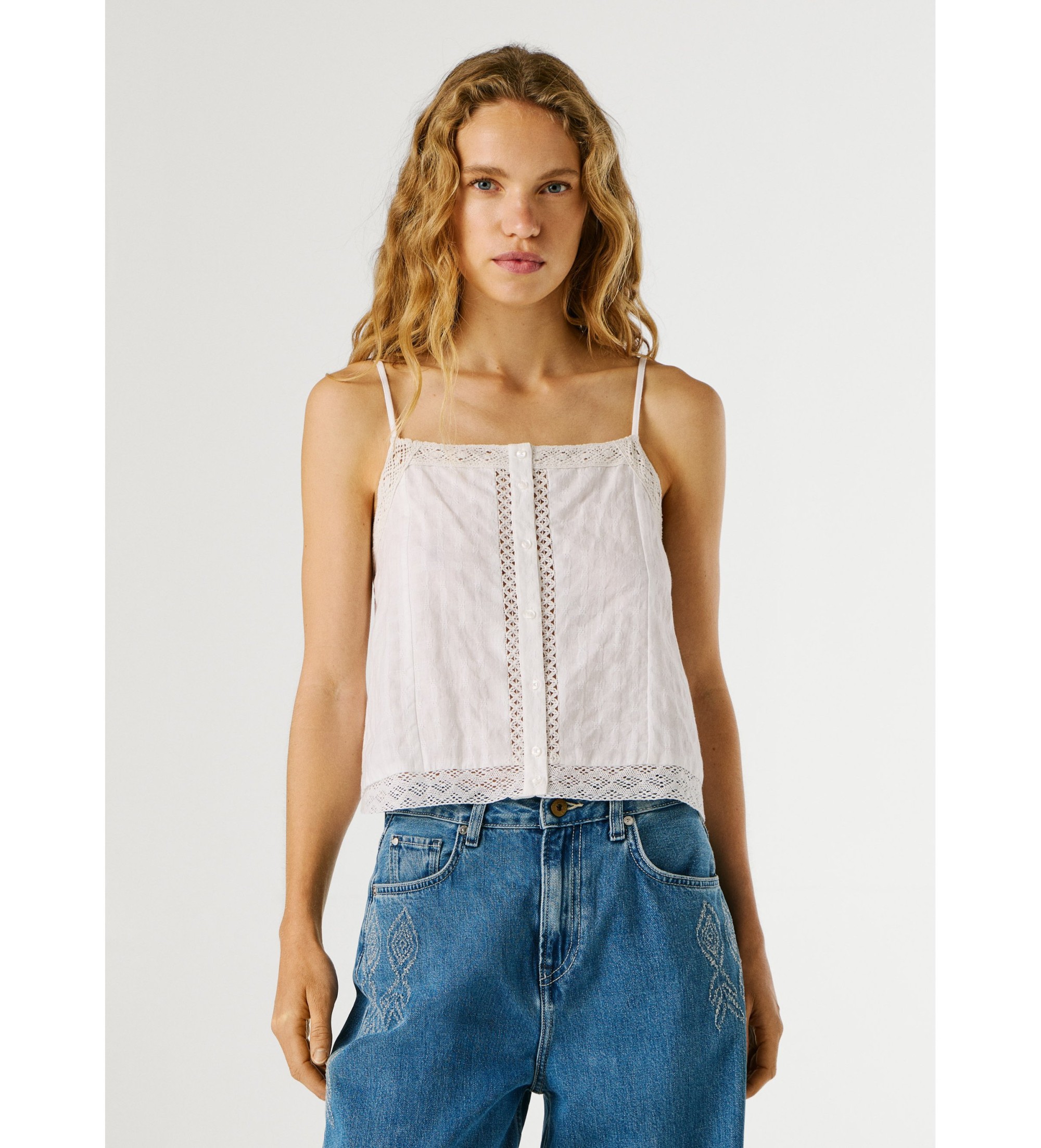 Pepe Jeans für Damen. PL3051377 Weißes Daola-Oberteil (XL), Lässig, Baumwolle, Ärmellos / Hosenträger