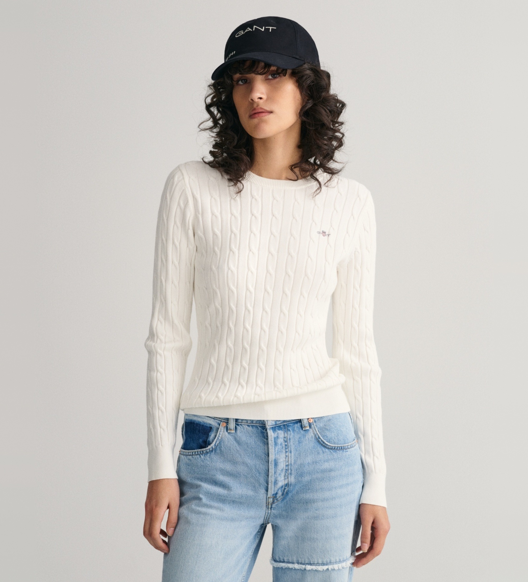 Gant für Damen. 4800100 Weißer Pullover mit Rundhalsausschnitt (M), Lässig, Bio-Baumwolle